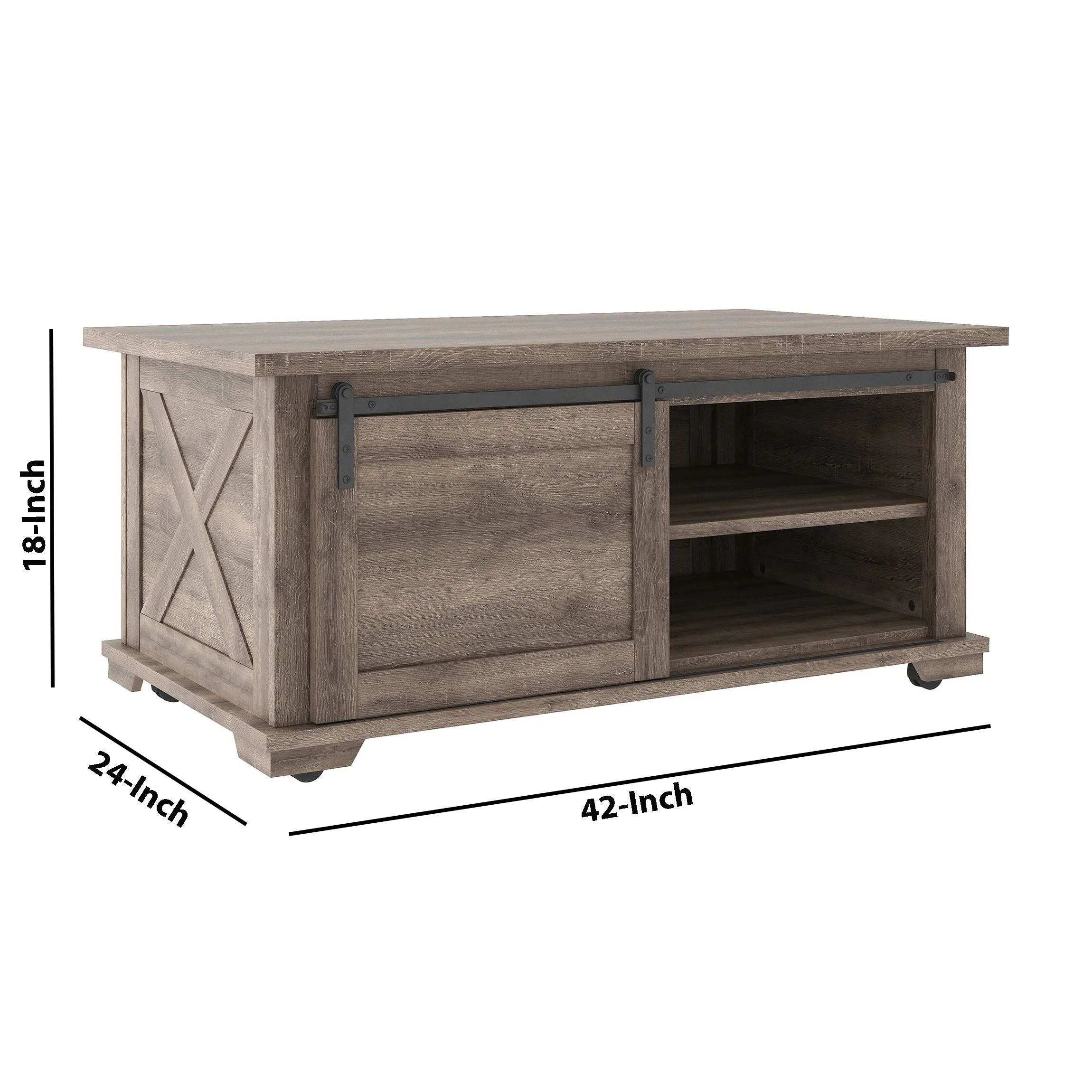 Panel Design Wooden Cocktail Table With Barn Sliding Door And Casters,Brown By Benzara - Image 5