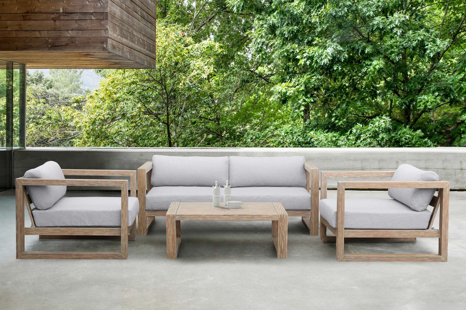 Paradise Outdoor Light Eucalyptus Wood Lounge Chair with Grey Cushions By Armen Living - Image 3