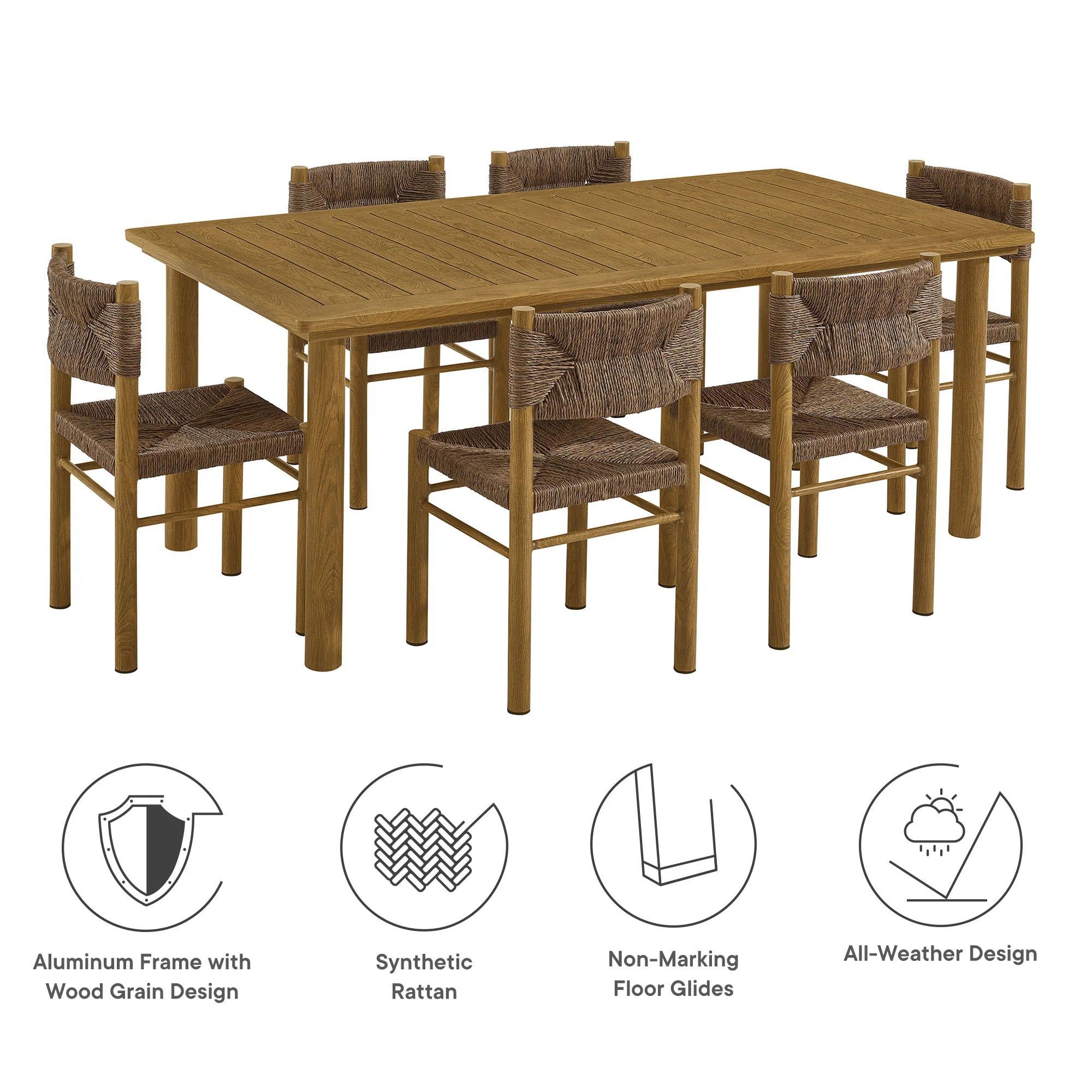 Parkland 7-Piece Rectangular Outdoor Patio Rattan and Aluminum Dining Table and Chairs Set by Modway - Image 4
