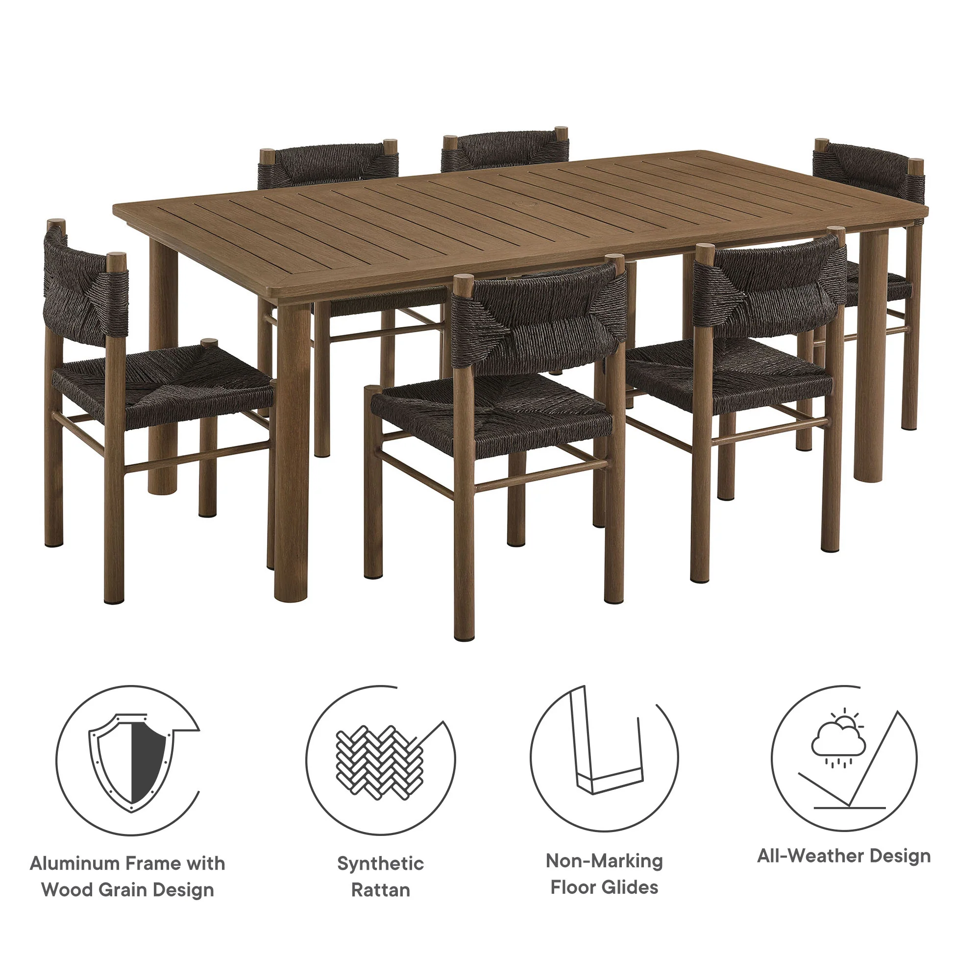 Parkland 7-Piece Rectangular Outdoor Patio Rattan and Aluminum Dining Table and Chairs Set by Modway - Image 8