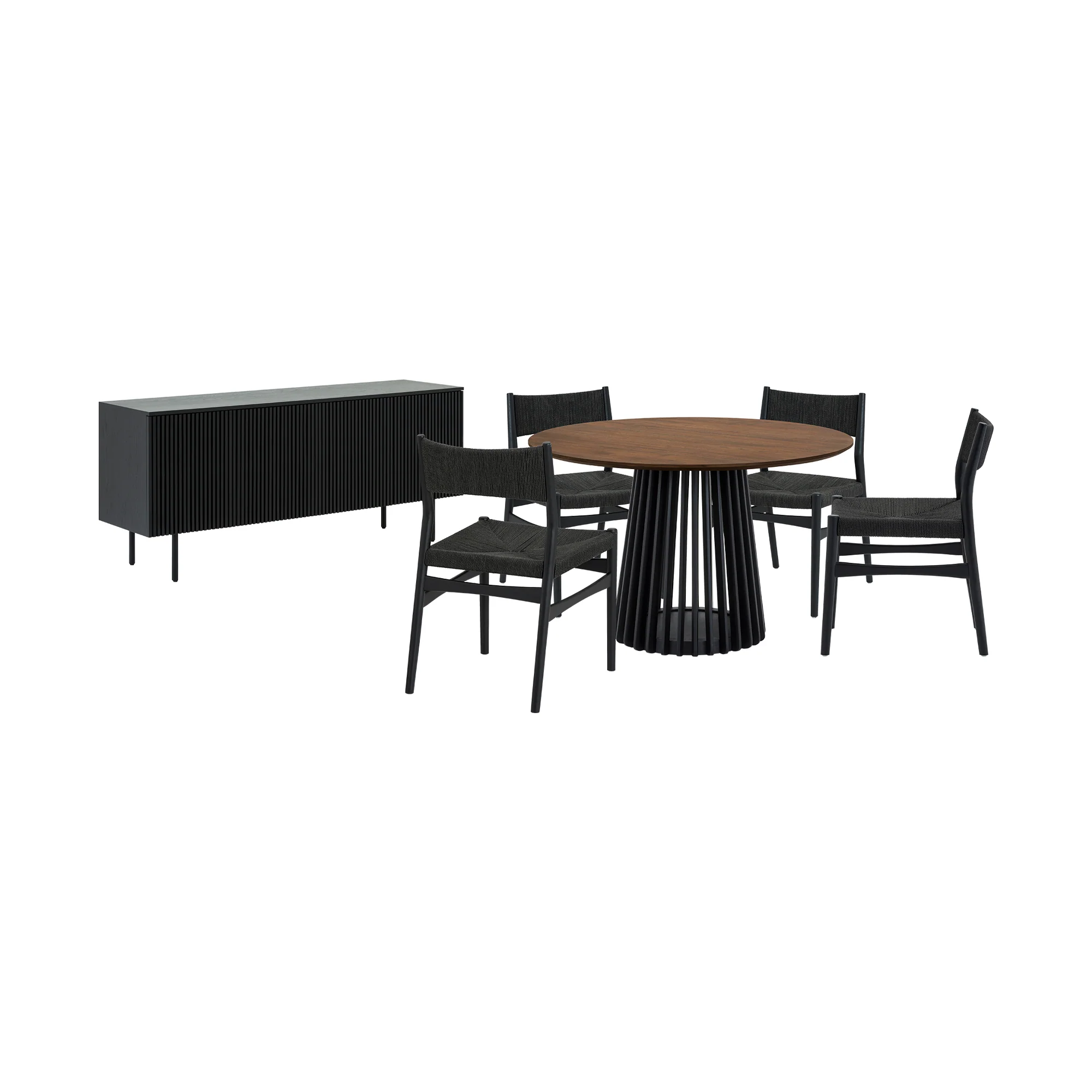 Pasadena Erie 6 Piece Round Dining Set with Buffet and Paper Cord Chairs in Black Finish with Walnut Finish Table Top By Armen Living - Image 2