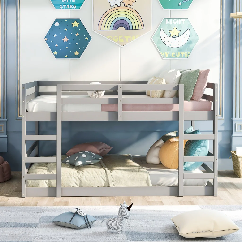 Pastel Gray Full Over Full Dual Ladder Bunk Bed By Homeroots - Image 2