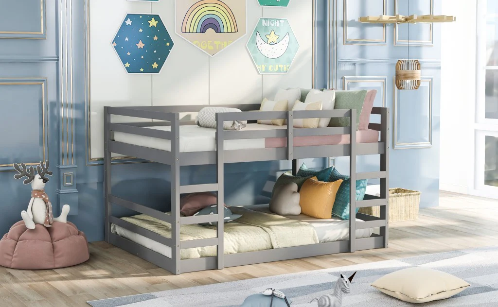 Pastel Gray Full Over Full Dual Ladder Bunk Bed By Homeroots - Image 3