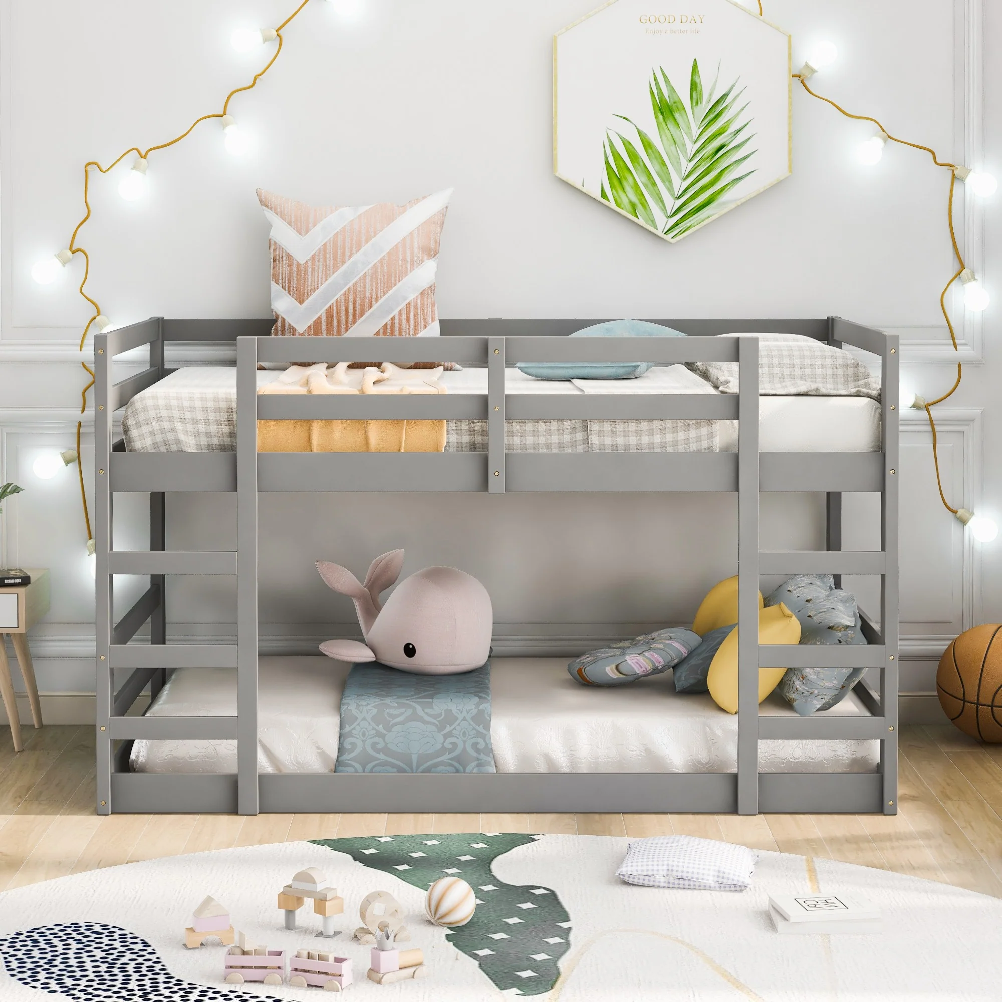 Pastel Gray Twin Over Twin Dual Ladder Bunk Bed By Homeroots - Image 2