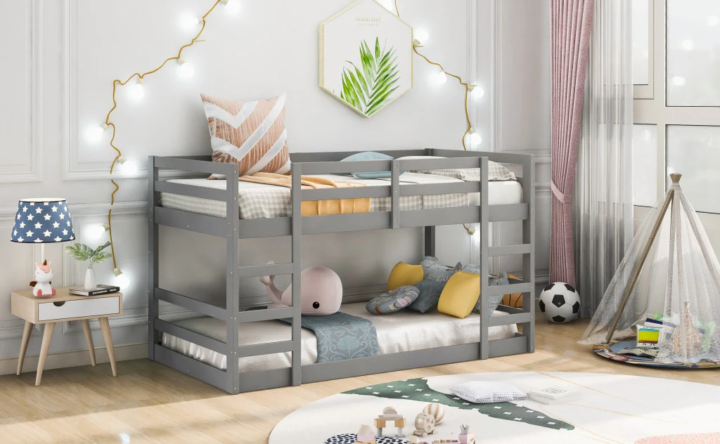 Pastel Gray Twin Over Twin Dual Ladder Bunk Bed By Homeroots - Image 3