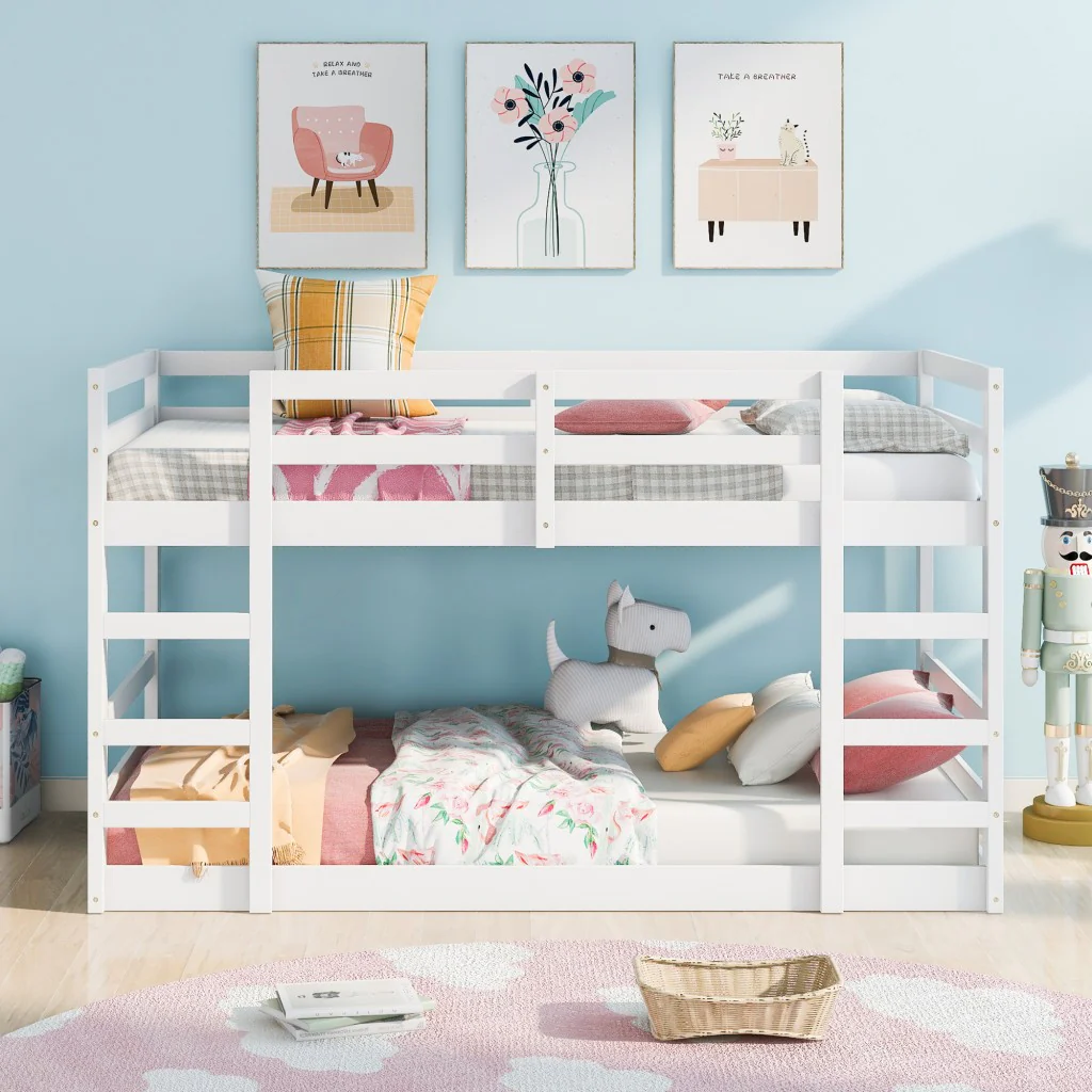 Pastel White Twin Over Twin Dual Ladder Bunk Bed By Homeroots - Image 2