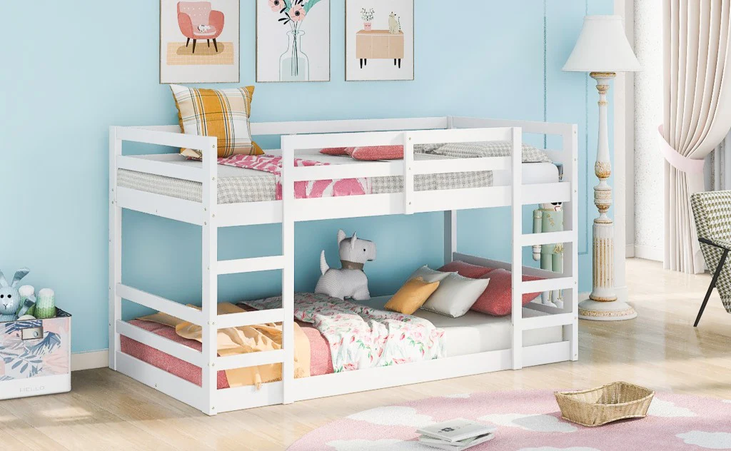 Pastel White Twin Over Twin Dual Ladder Bunk Bed By Homeroots - Image 3