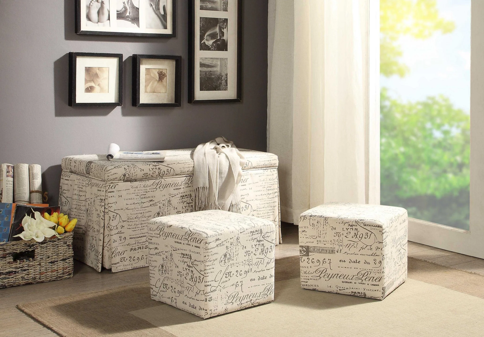 Pattern Fabric Upholstery 3Pc Pk Bench & Ottomans By Homeroots - Image 2