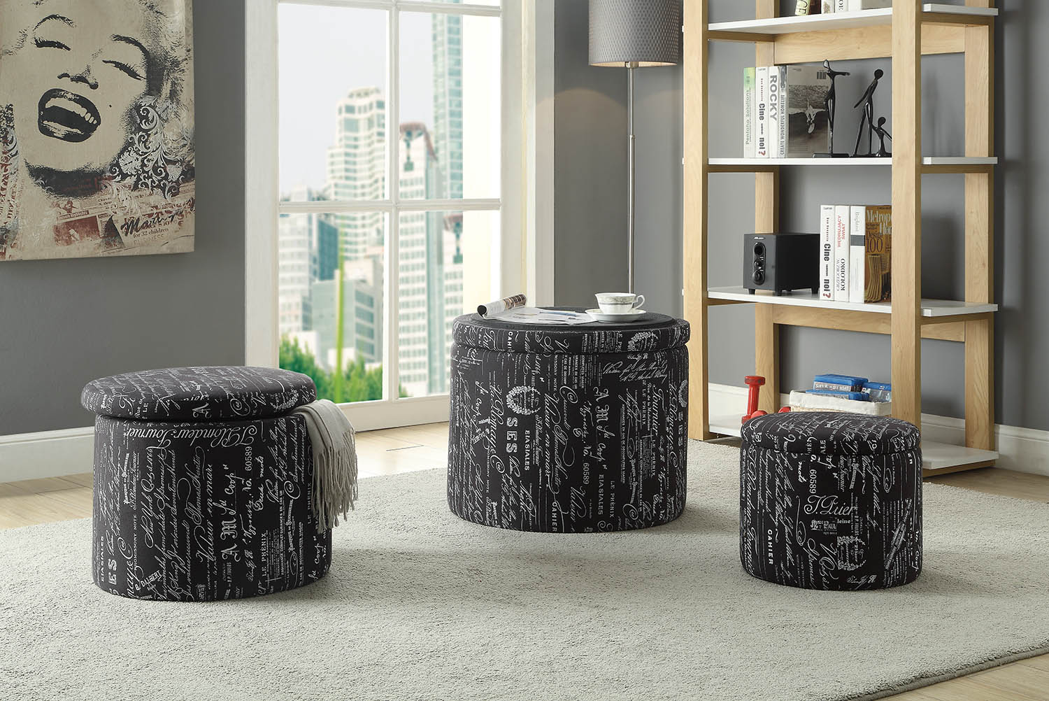 Pattern Fabric Upholstery 3Pc Pk Ottomans wStorage By Homeroots - Image 2