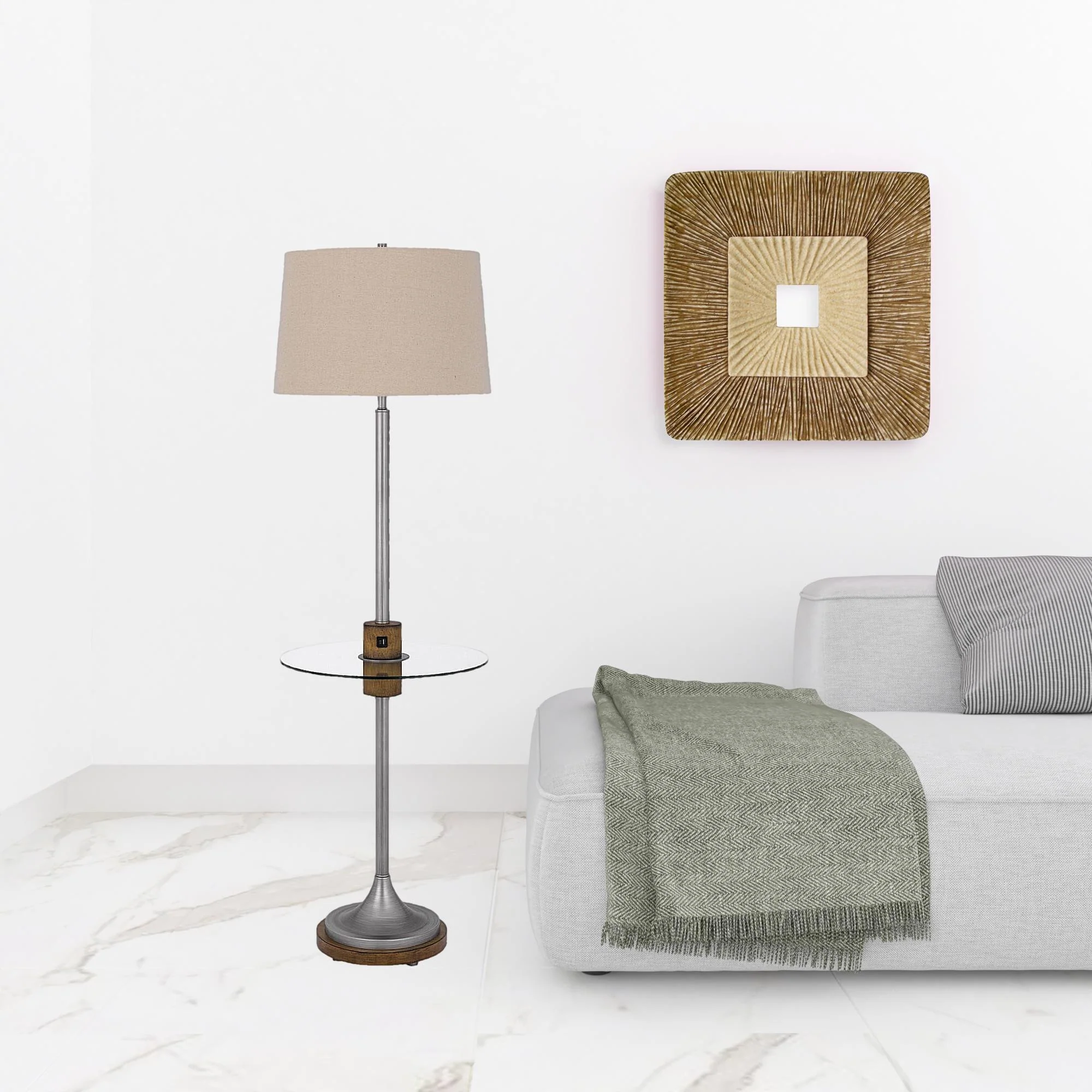 Pewter Tray Table Floor Lamp With Beige Transparent Glass Square Shade By Homeroots - Image 2