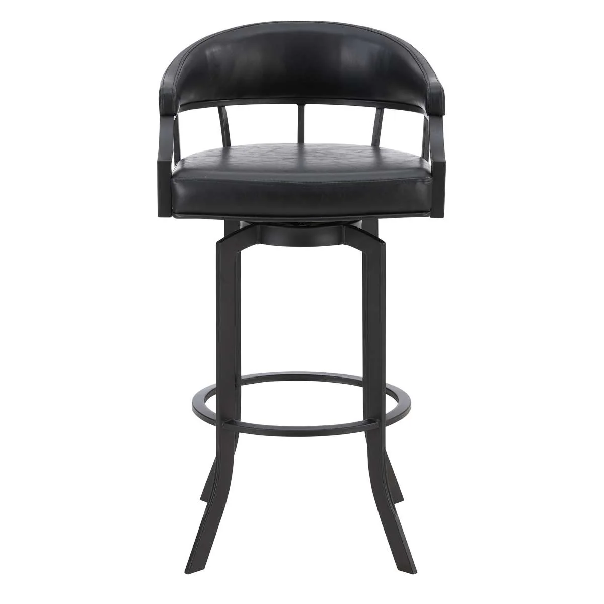Pharaoh Swivel 30" Black Powder Coated and Black Faux Leather Metal Bar Stool By Armen Living - Image 2