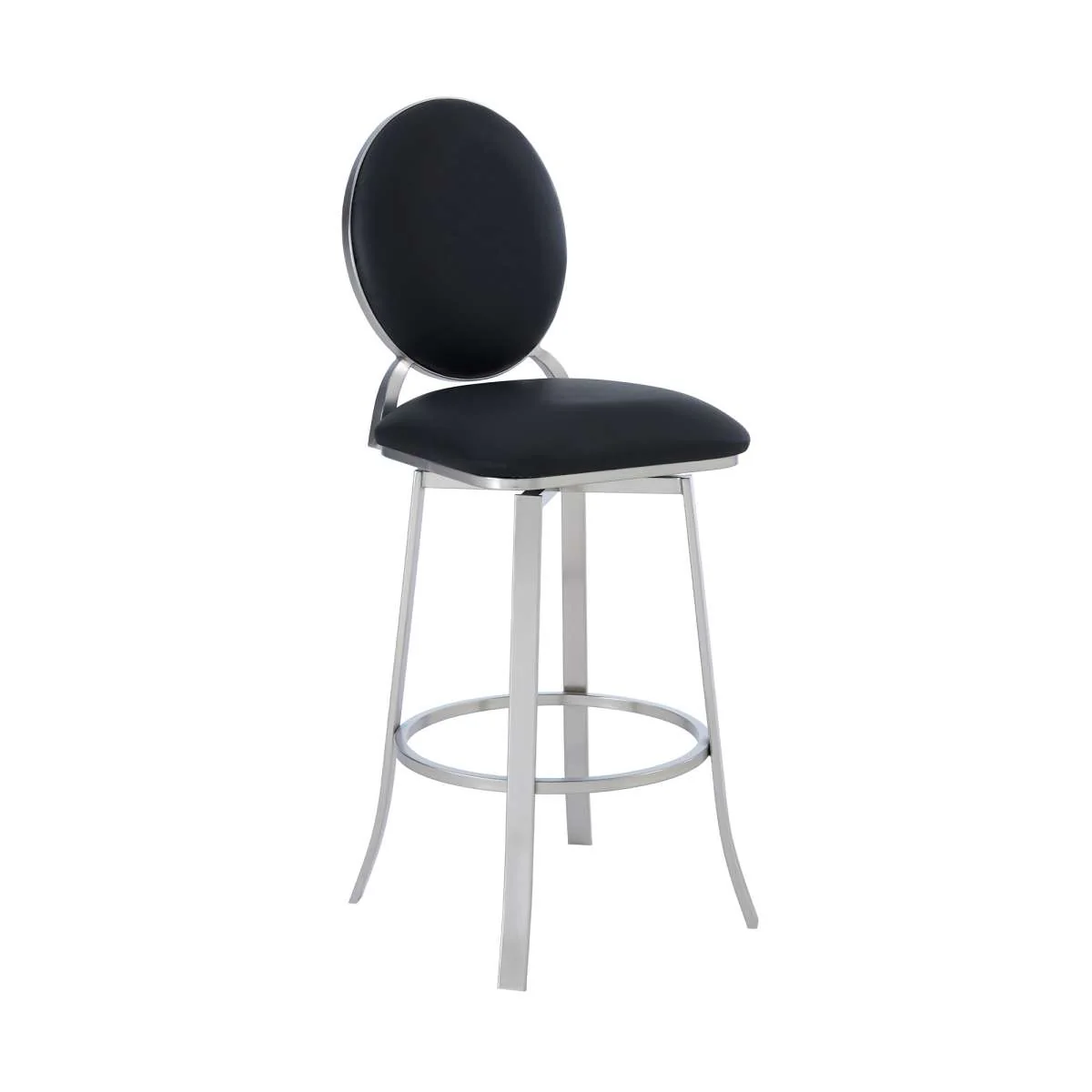 Pia Contemporary 30" Bar Height Barstool in Brushed Stainless Steel Finish and Black Faux Leather By Armen Living - Image 2