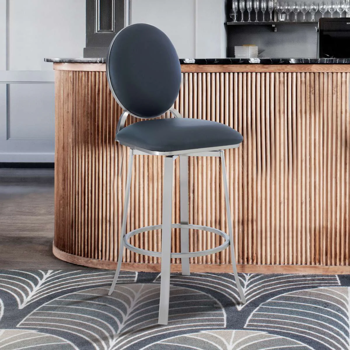 Pia Contemporary 30" Bar Height Barstool in Brushed Stainless Steel Finish and Black Faux Leather By Armen Living - Image 7