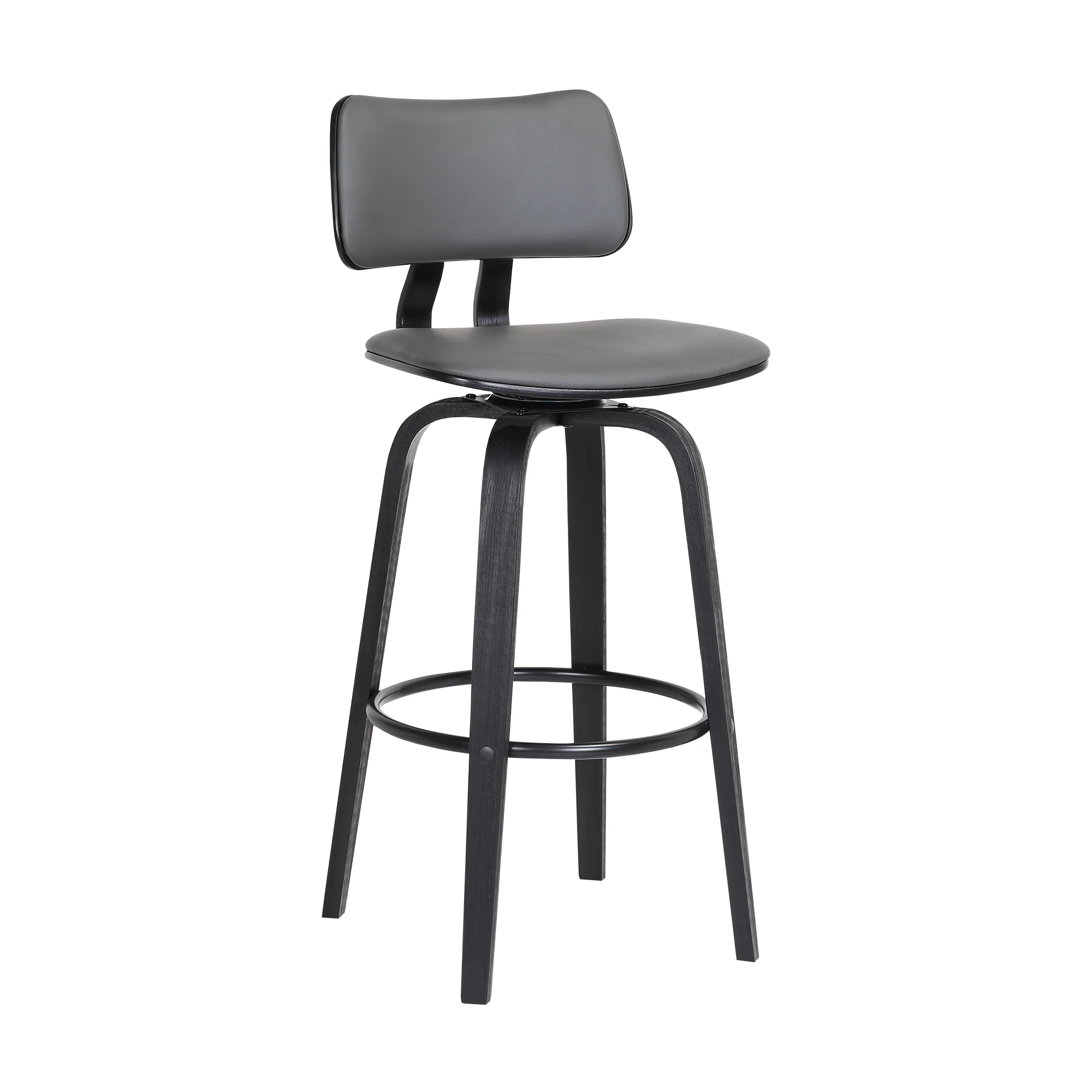 Pico 26" Swivel Black Wood Counter Stool in Grey Faux Leather with Black Metal By Armen Living - Image 2