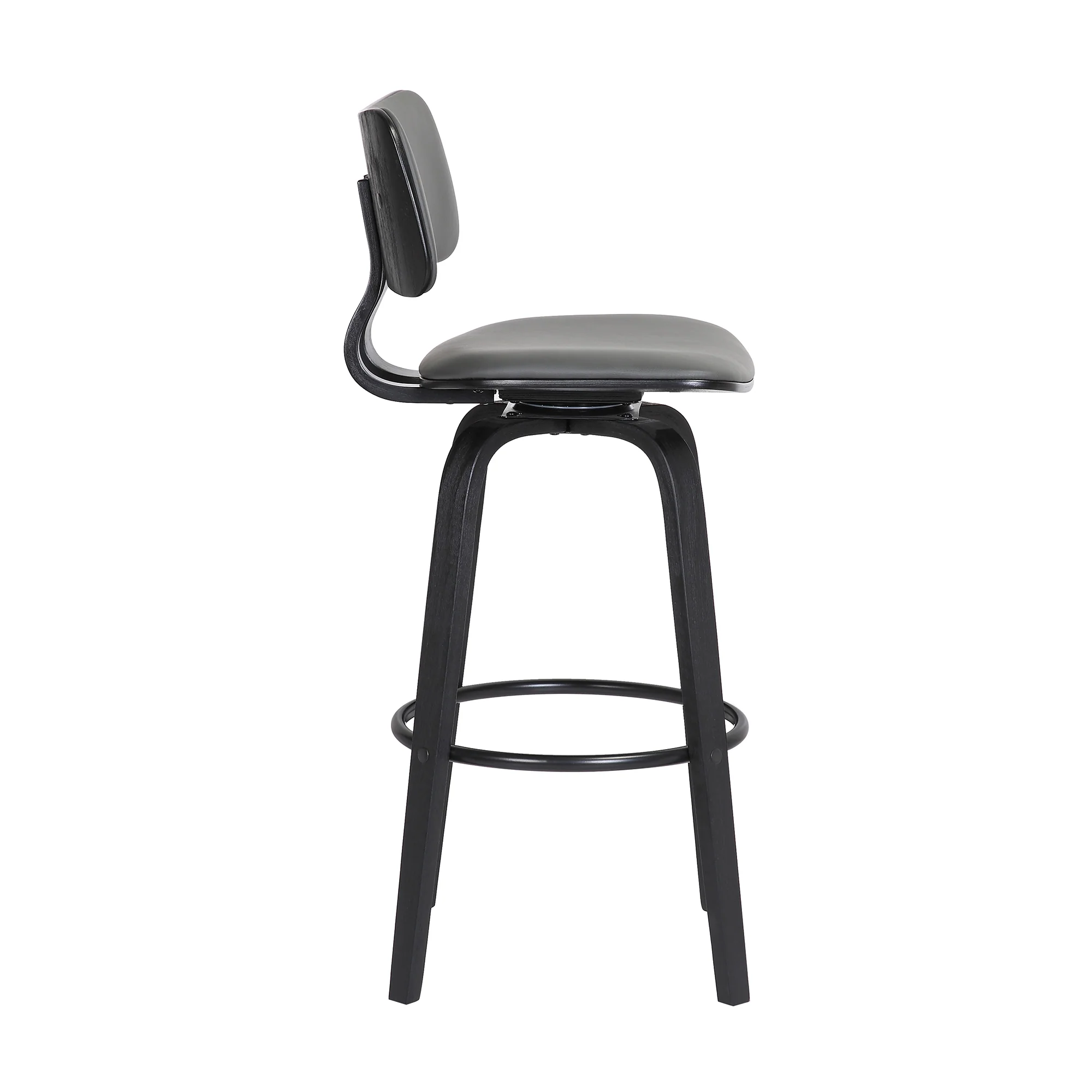 Pico 26" Swivel Black Wood Counter Stool in Grey Faux Leather with Black Metal By Armen Living - Image 4