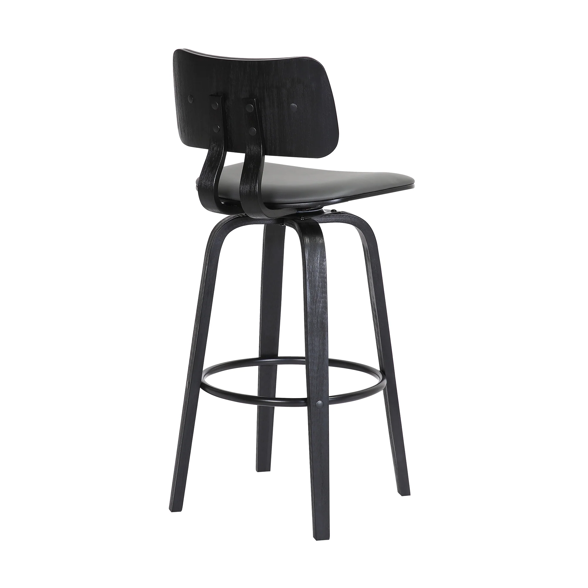 Pico 26" Swivel Black Wood Counter Stool in Grey Faux Leather with Black Metal By Armen Living - Image 5