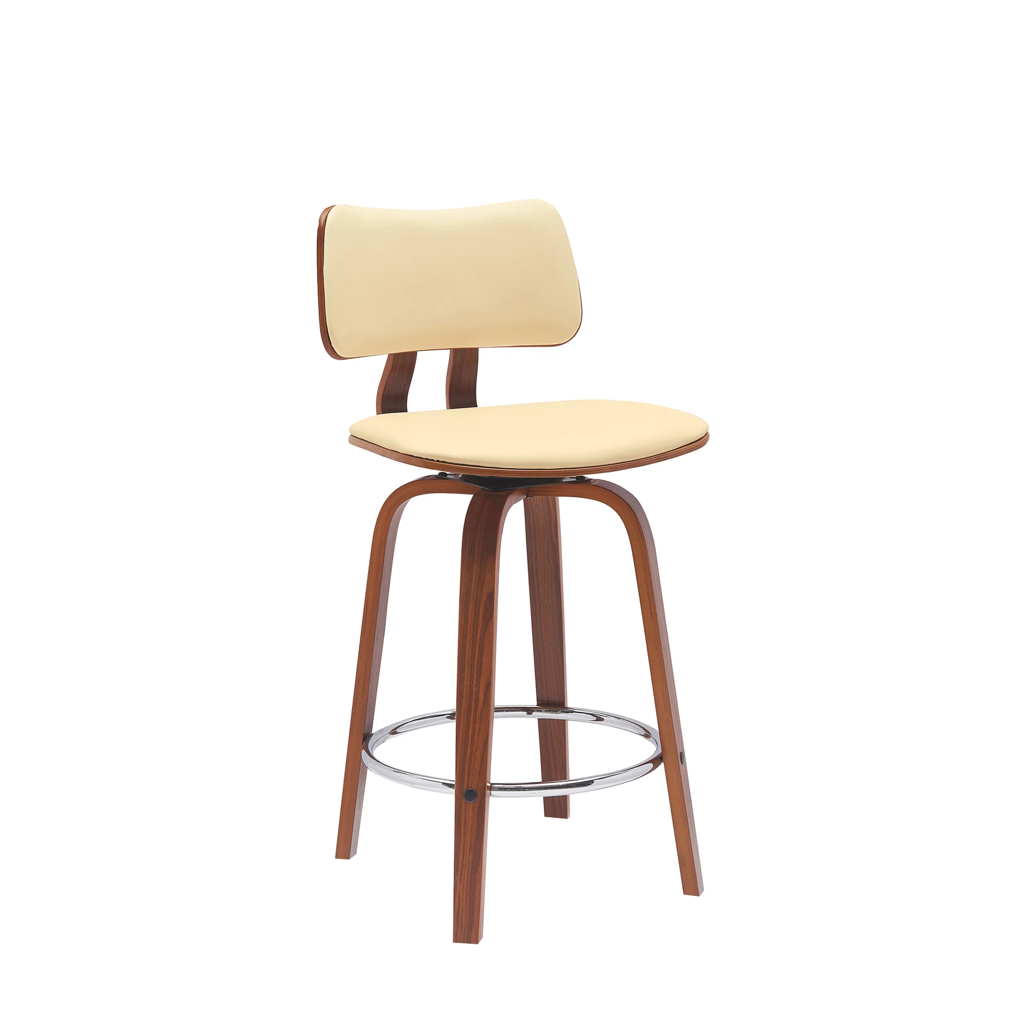 Pico 26" Swivel Walnut Wood Counter Stool in Gray Faux Leather with Chrome By Armen Living - Image 10