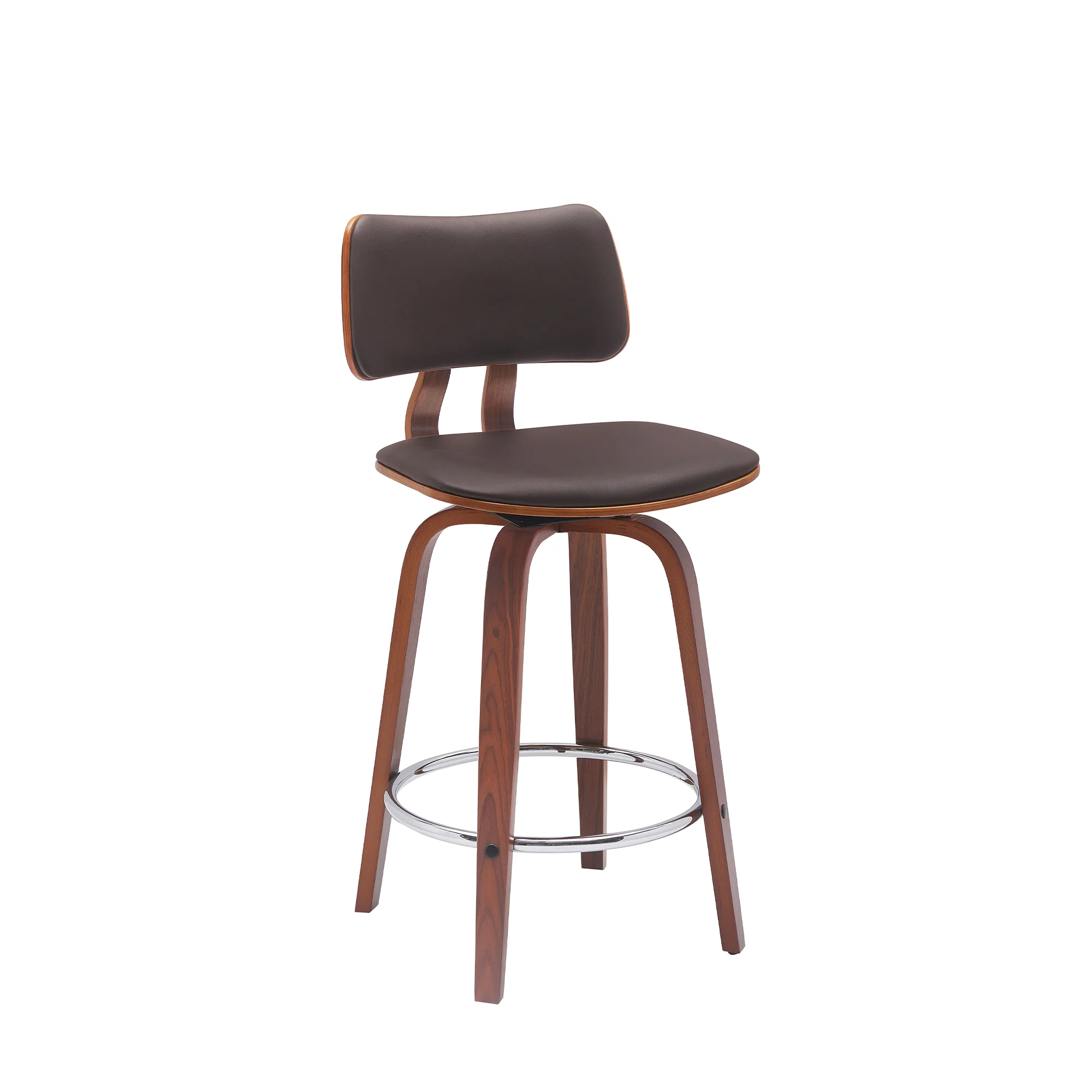 Pico 26" Swivel Walnut Wood Counter Stool in Gray Faux Leather with Chrome By Armen Living - Image 18