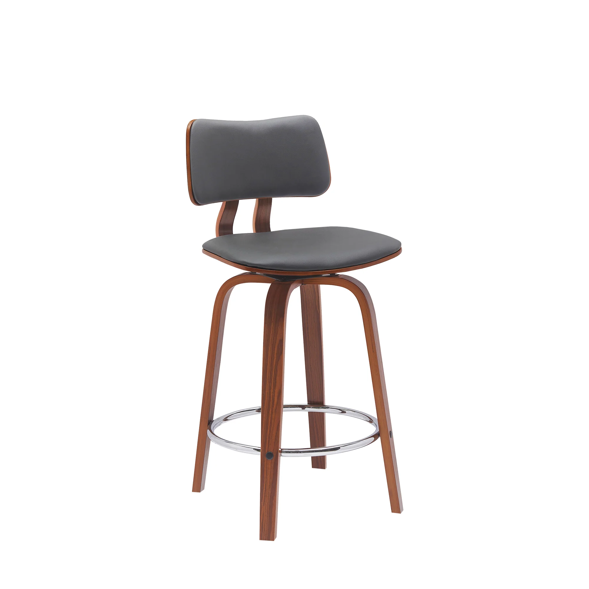 Pico 26" Swivel Walnut Wood Counter Stool in Gray Faux Leather with Chrome By Armen Living - Image 2