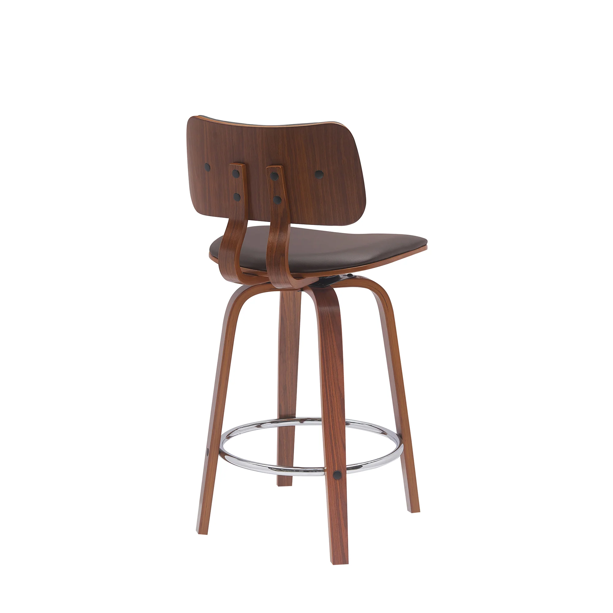 Pico 26" Swivel Walnut Wood Counter Stool in Gray Faux Leather with Chrome By Armen Living - Image 20