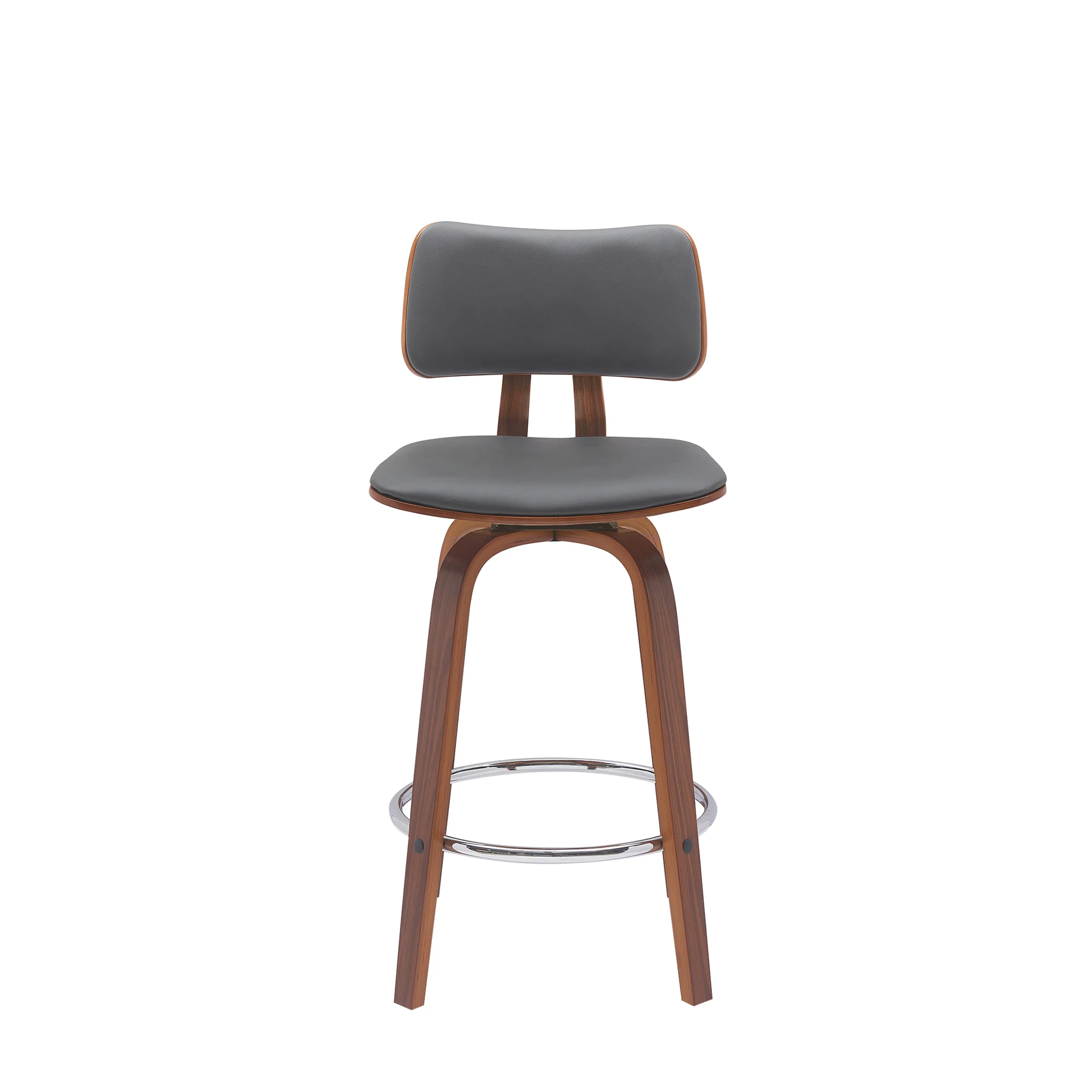 Pico 26" Swivel Walnut Wood Counter Stool in Gray Faux Leather with Chrome By Armen Living - Image 3