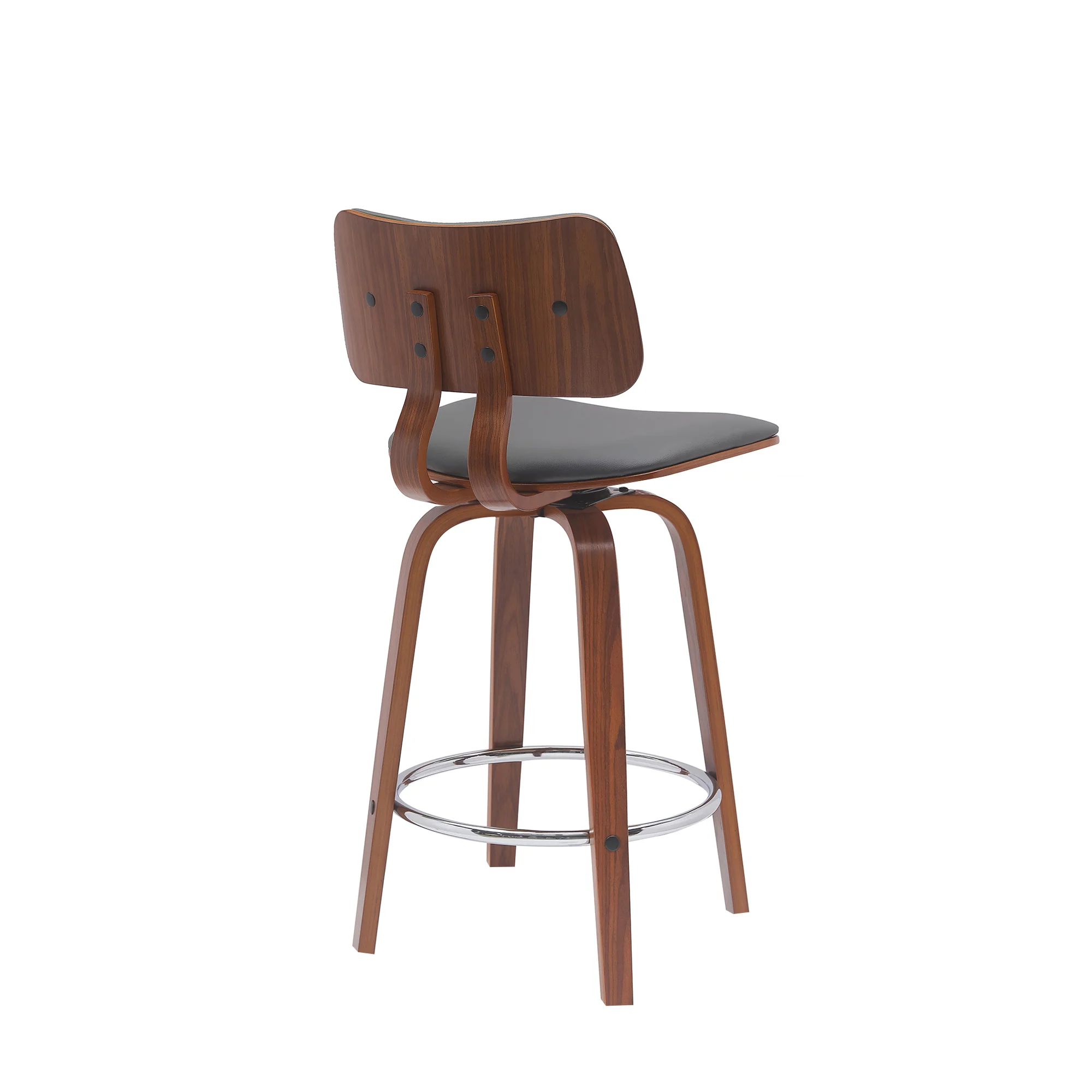 Pico 26" Swivel Walnut Wood Counter Stool in Gray Faux Leather with Chrome By Armen Living - Image 4