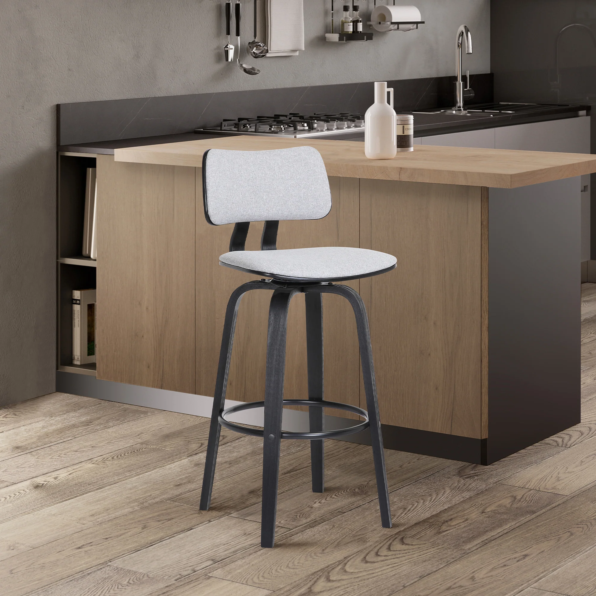 Pico 30" Swivel Black Wood Bar Stool in Grey Faux Leather with Black Metal By Armen Living - Image 11