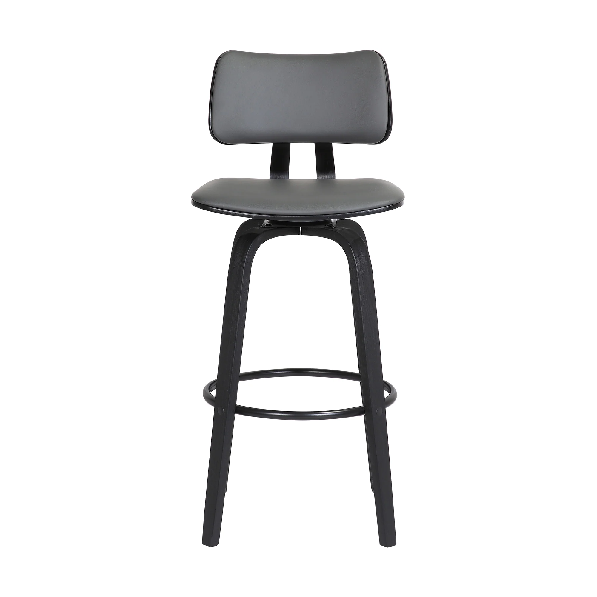 Pico 30" Swivel Black Wood Bar Stool in Grey Faux Leather with Black Metal By Armen Living - Image 3