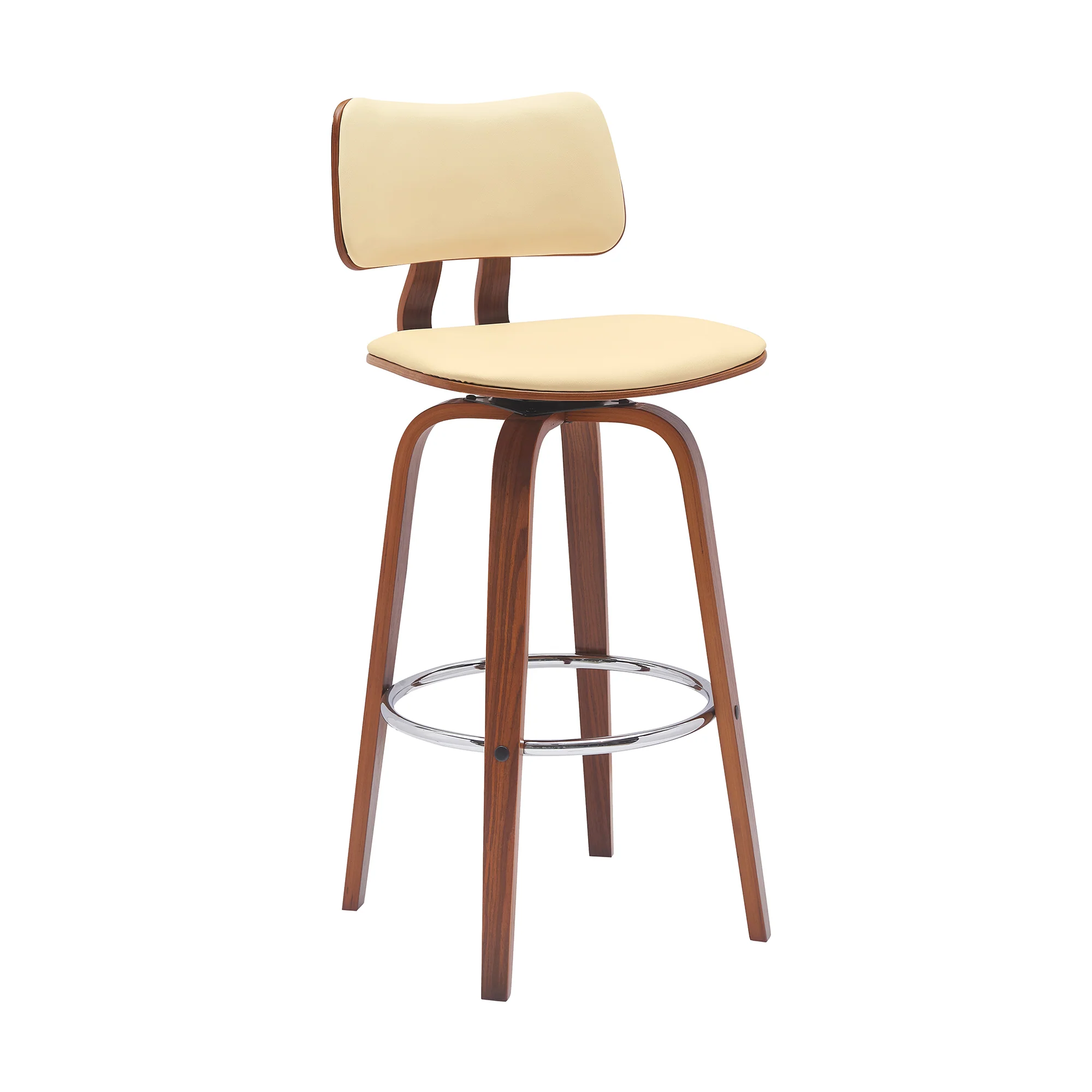 Pico 30" Swivel Walnut Wood Bar Stool in Gray Faux Leather with Chrome By Armen Living - Image 10