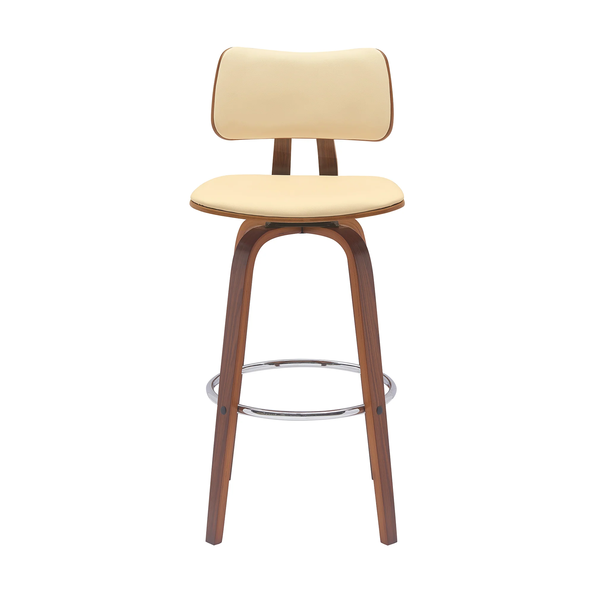 Pico 30" Swivel Walnut Wood Bar Stool in Gray Faux Leather with Chrome By Armen Living - Image 11