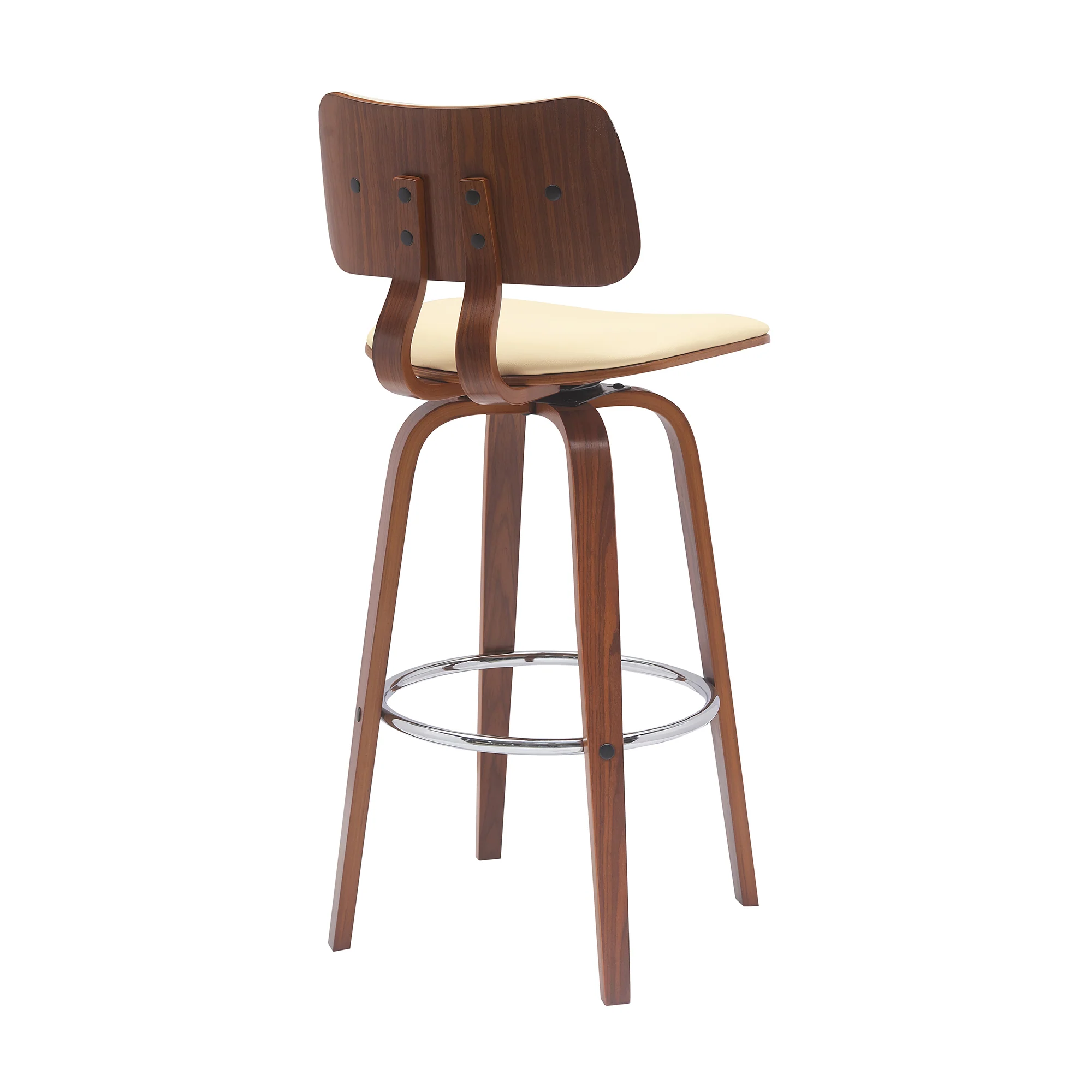 Pico 30" Swivel Walnut Wood Bar Stool in Gray Faux Leather with Chrome By Armen Living - Image 12