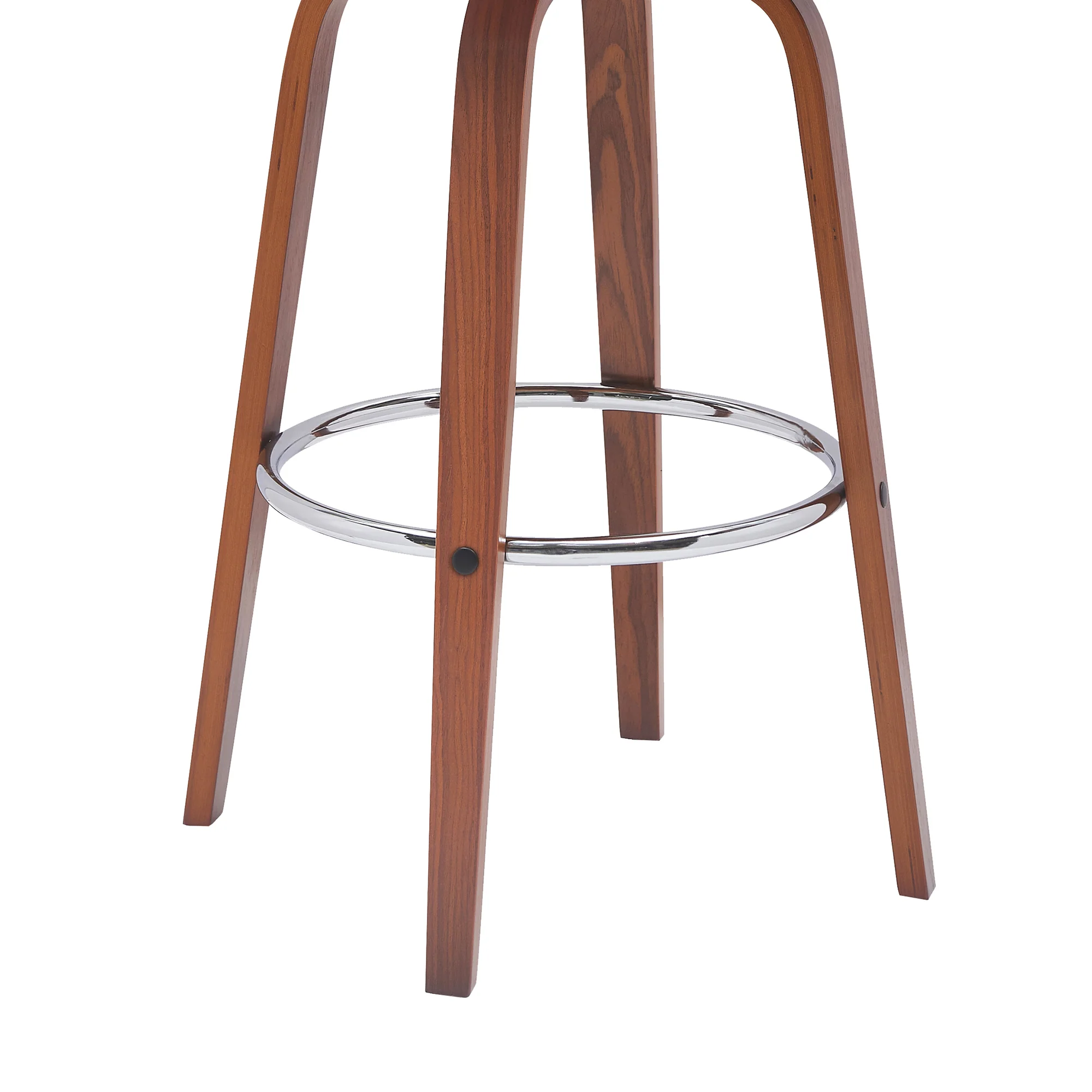 Pico 30" Swivel Walnut Wood Bar Stool in Gray Faux Leather with Chrome By Armen Living - Image 16