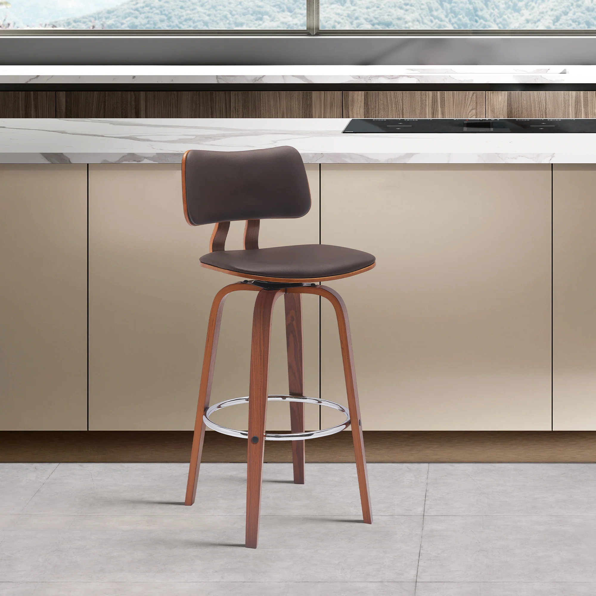 Pico 30" Swivel Walnut Wood Bar Stool in Gray Faux Leather with Chrome By Armen Living - Image 17