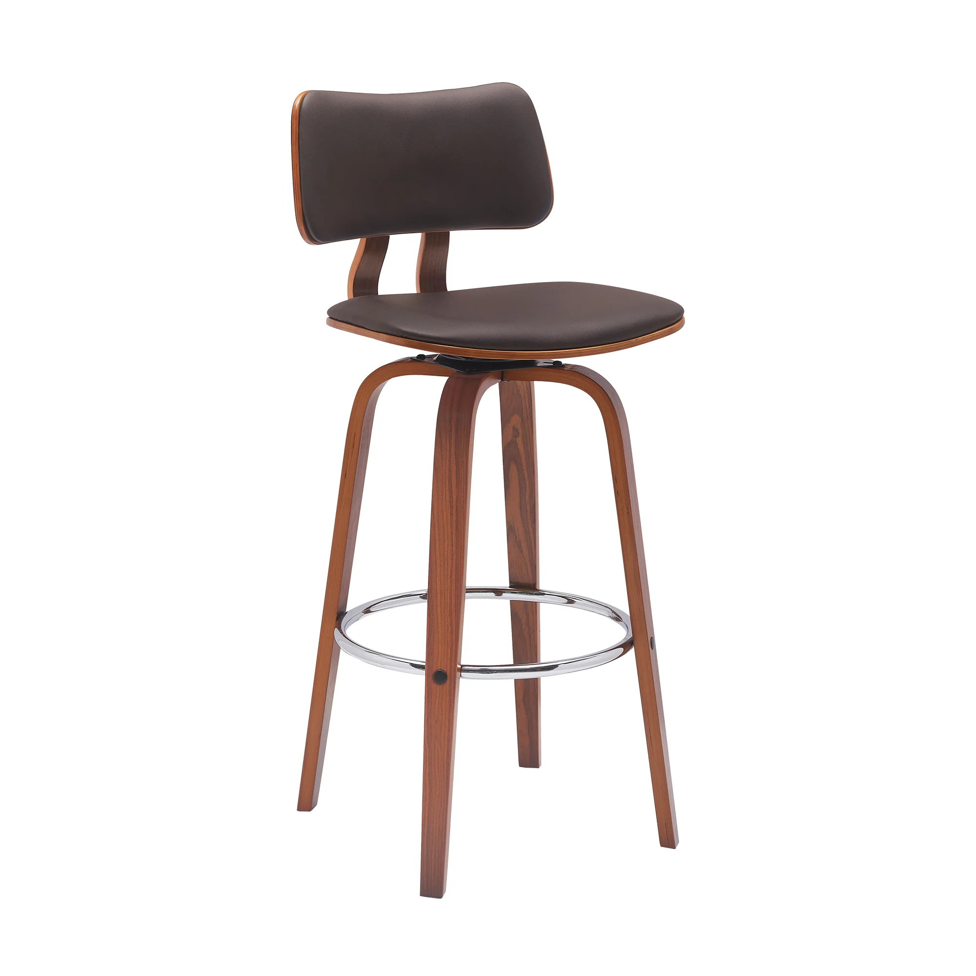 Pico 30" Swivel Walnut Wood Bar Stool in Gray Faux Leather with Chrome By Armen Living - Image 18