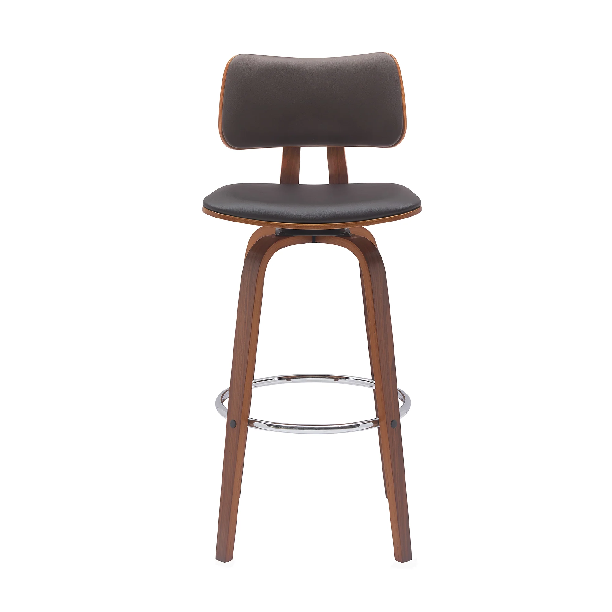 Pico 30" Swivel Walnut Wood Bar Stool in Gray Faux Leather with Chrome By Armen Living - Image 19