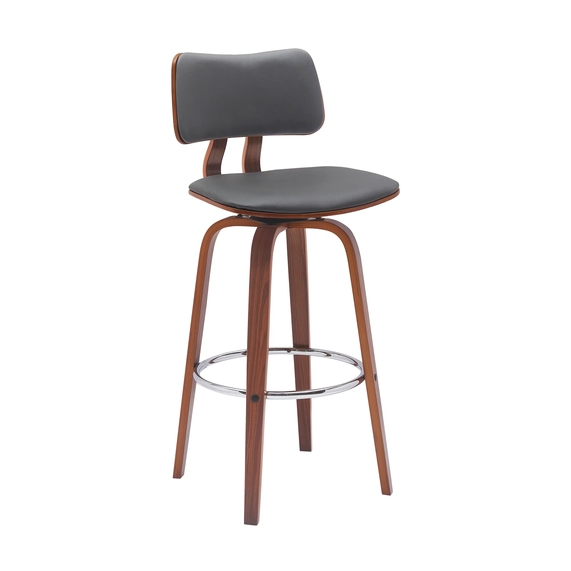 Pico 30" Swivel Walnut Wood Bar Stool in Gray Faux Leather with Chrome By Armen Living - Image 2