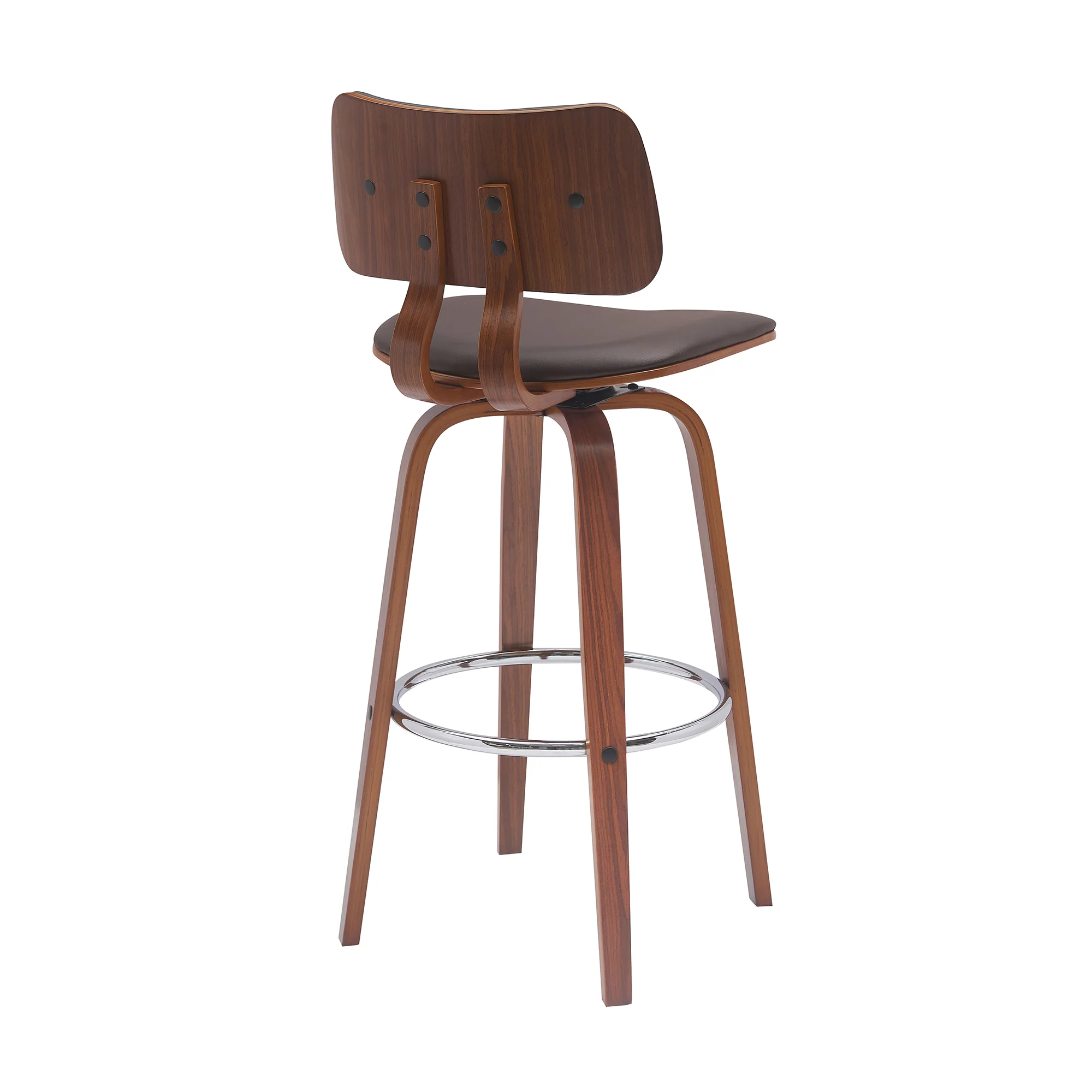 Pico 30" Swivel Walnut Wood Bar Stool in Gray Faux Leather with Chrome By Armen Living - Image 20