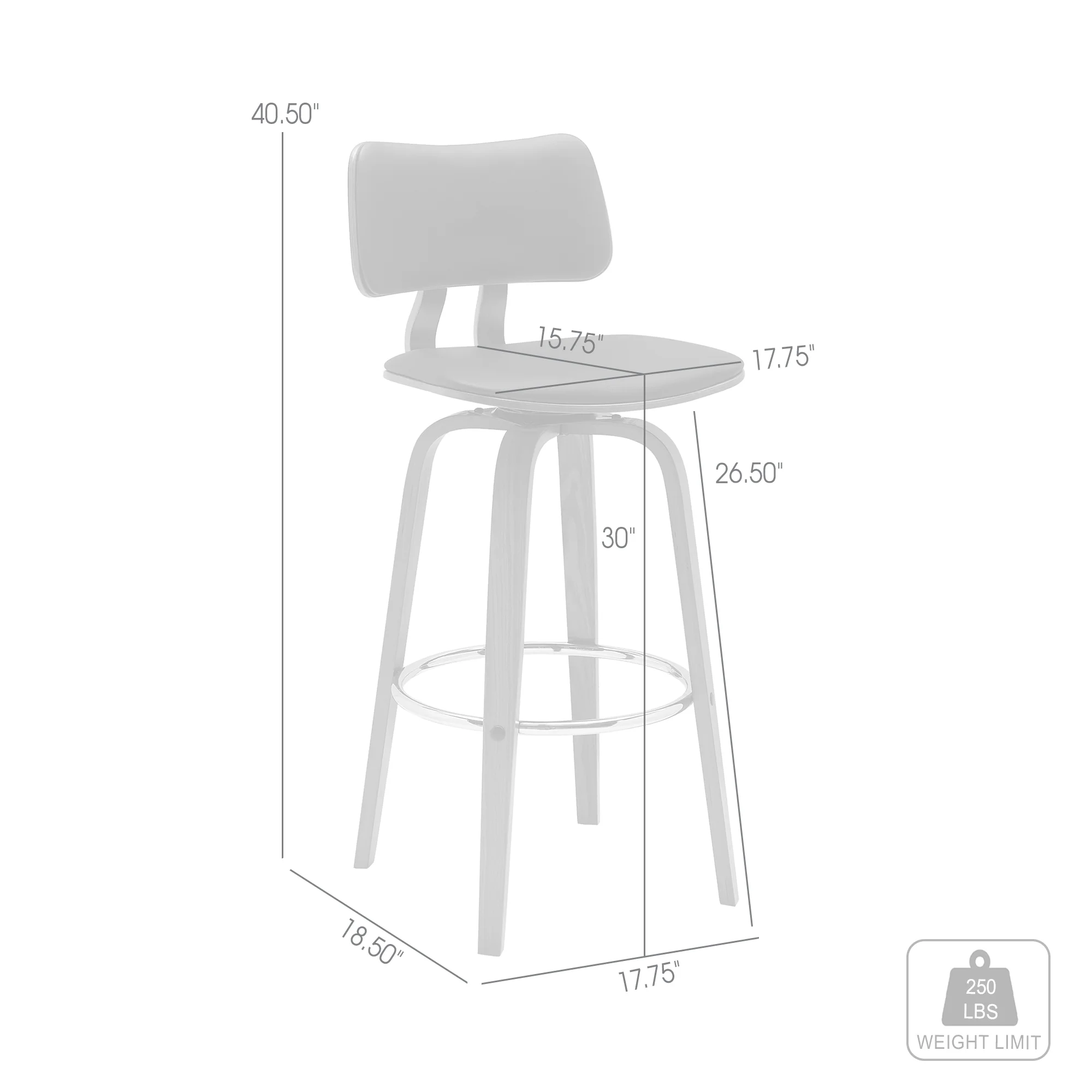 Pico 30" Swivel Walnut Wood Bar Stool in Gray Faux Leather with Chrome By Armen Living - Image 23