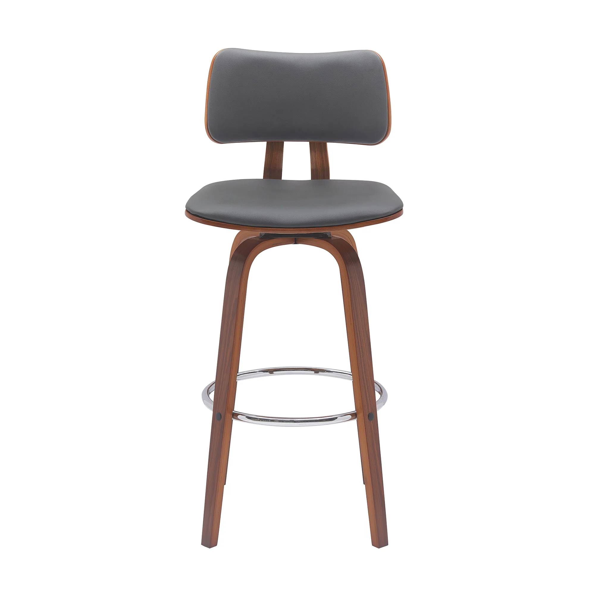 Pico 30" Swivel Walnut Wood Bar Stool in Gray Faux Leather with Chrome By Armen Living - Image 3