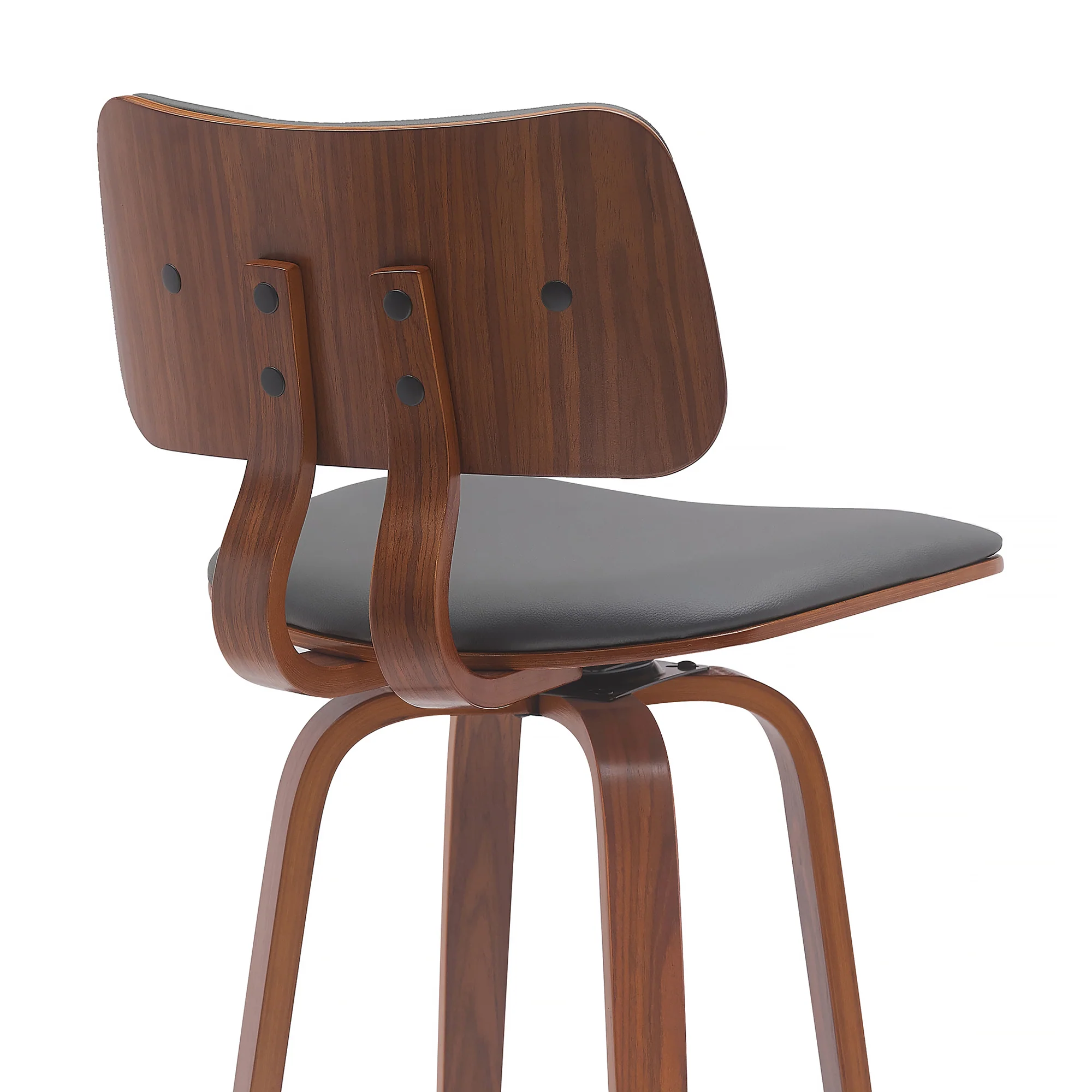 Pico 30" Swivel Walnut Wood Bar Stool in Gray Faux Leather with Chrome By Armen Living - Image 5
