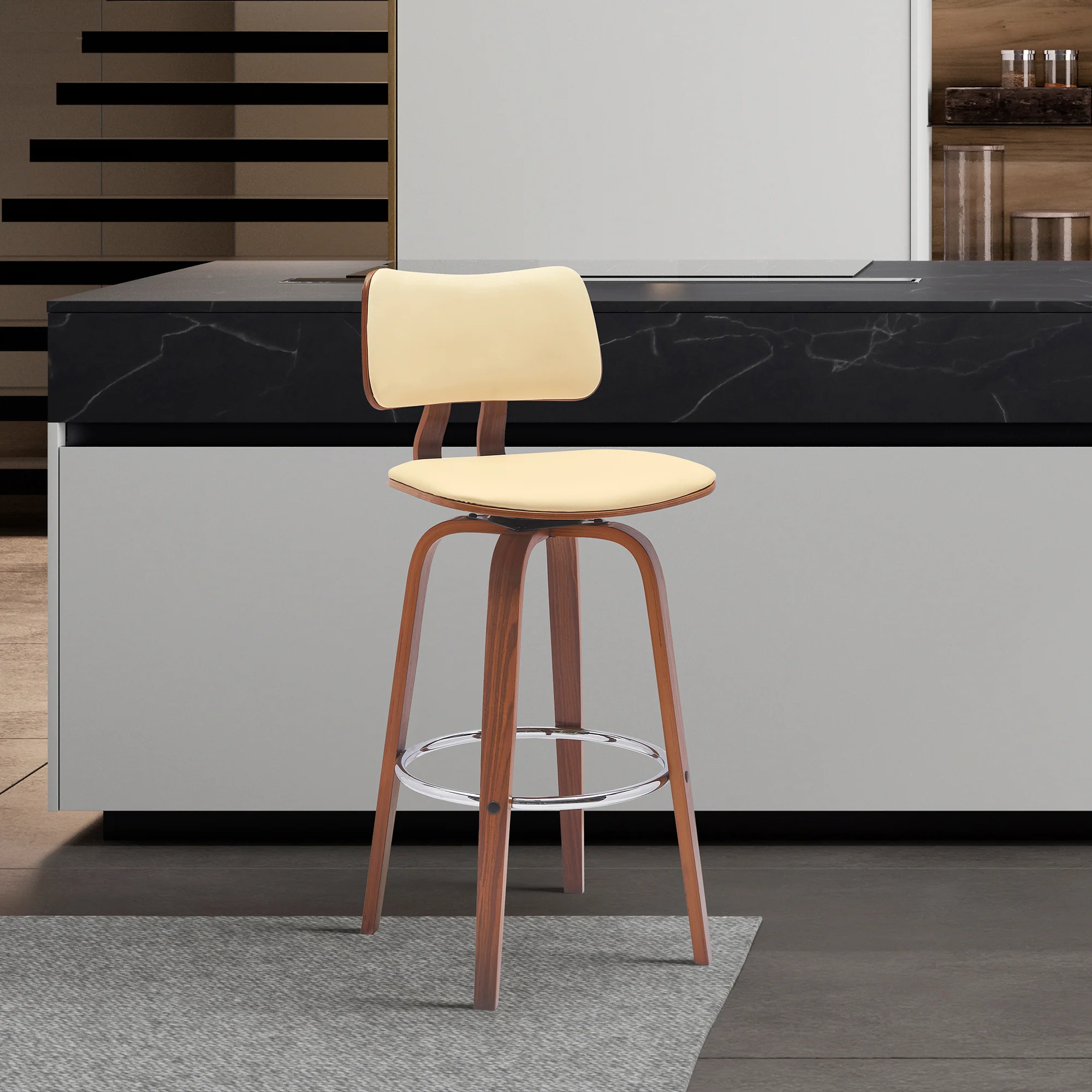 Pico 30" Swivel Walnut Wood Bar Stool in Gray Faux Leather with Chrome By Armen Living - Image 9
