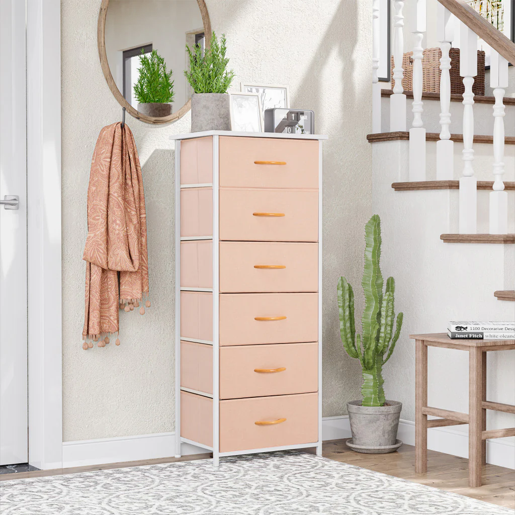 Pink and White Steel and Fabric Six Drawer Chest By Homeroots - Image 3