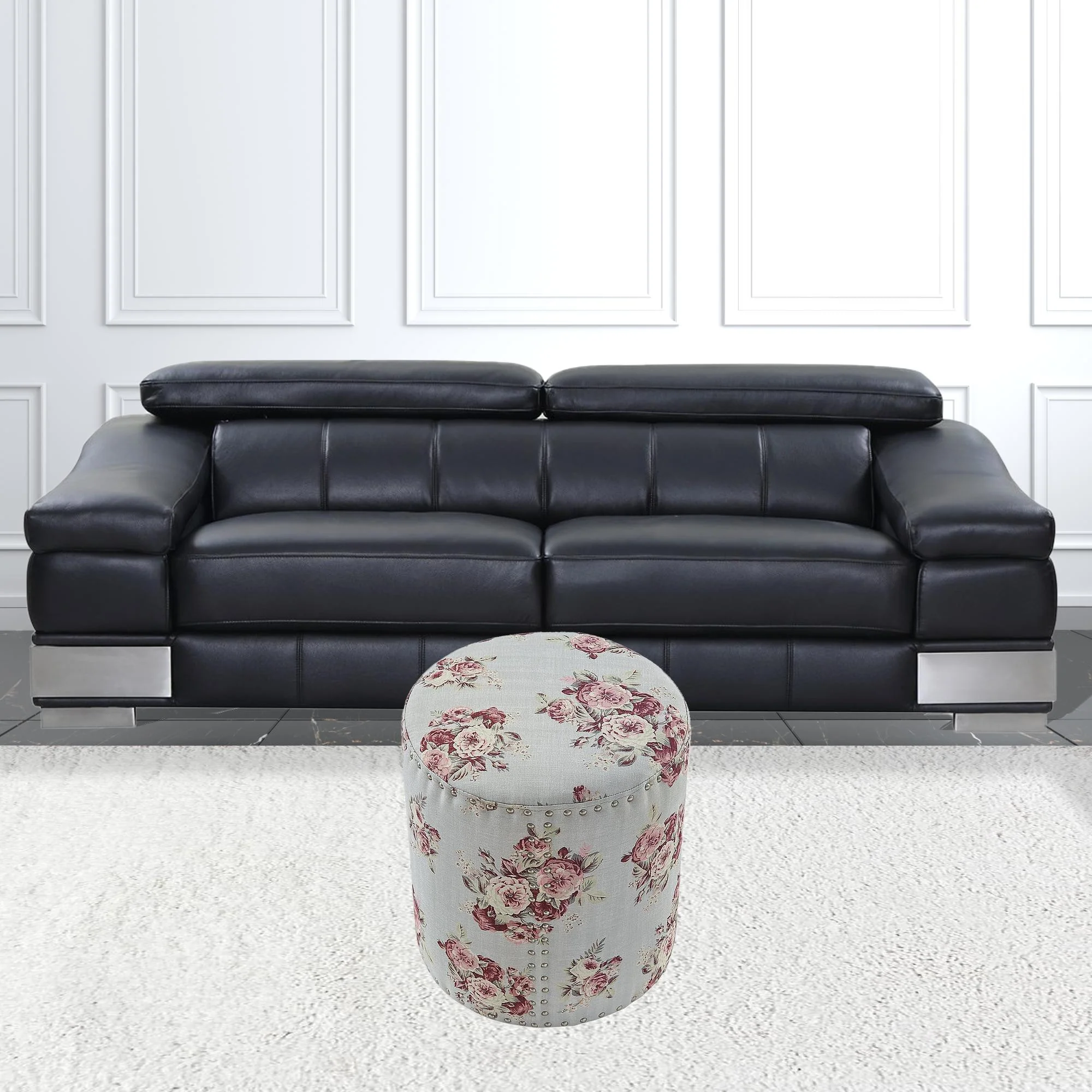 Pink Linen Round Floral Ottoman By Homeroots - Image 3