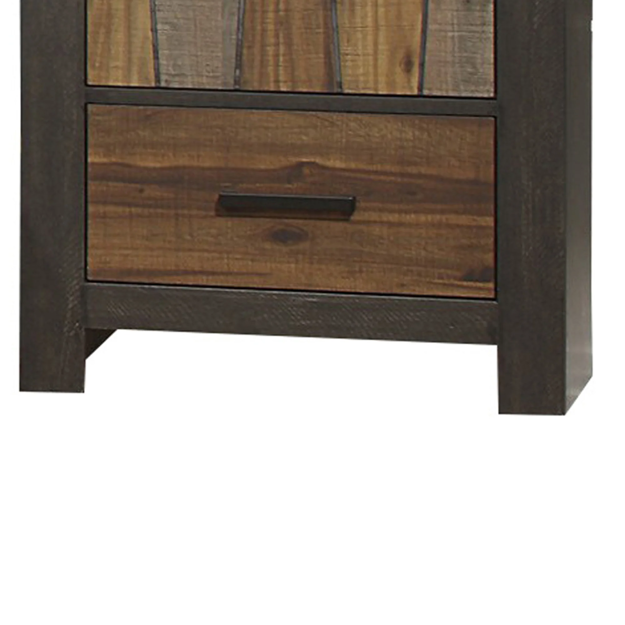 Plank Style 2 Drawer Wooden Nightstand With Metal Bar Handles, Brown By Benzara - Image 3