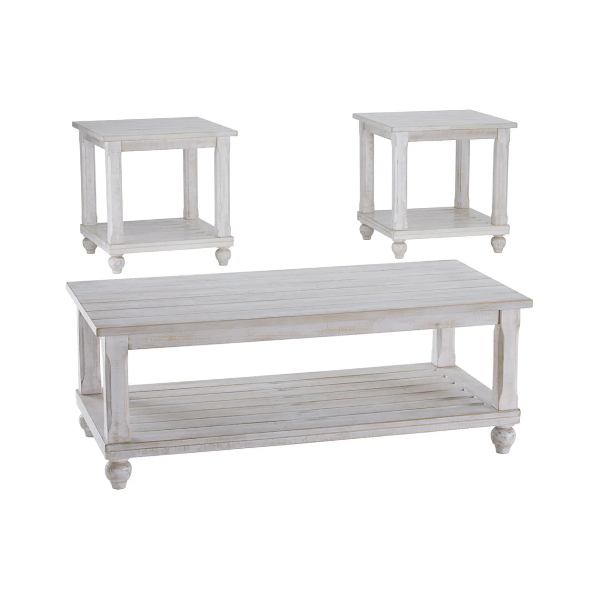 Plank Style Wooden Table Set with Slatted Lower Shelf and Bun Feet, Set of Three, White By Benzara - Image 2
