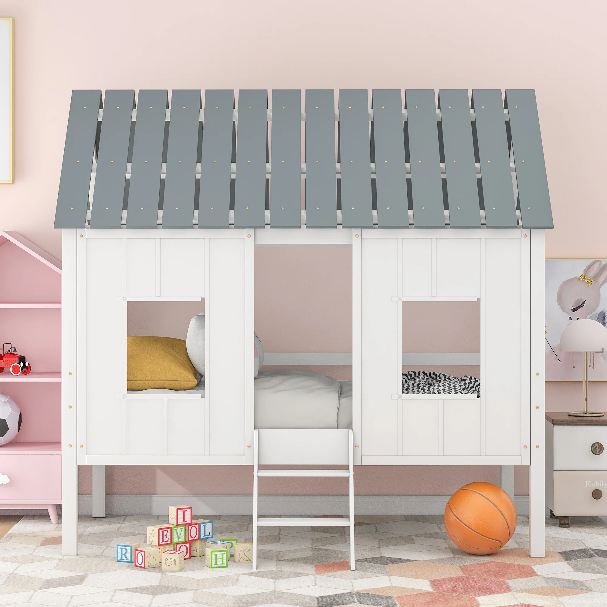 Playhouse With Windows And Roof White Twin Size Low Loft Bed By Homeroots - Image 2