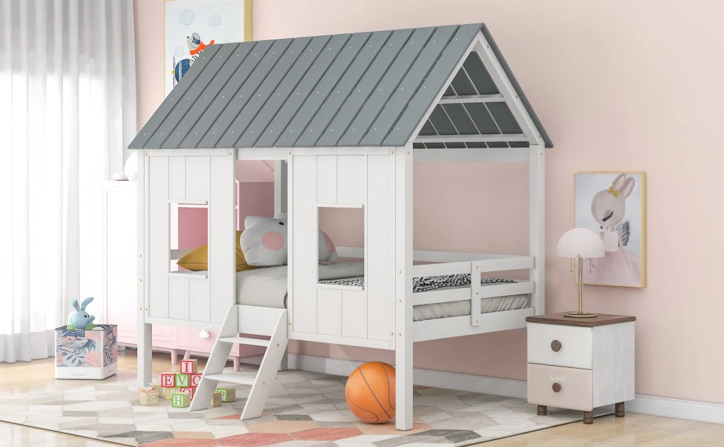 Playhouse With Windows And Roof White Twin Size Low Loft Bed By Homeroots - Image 3