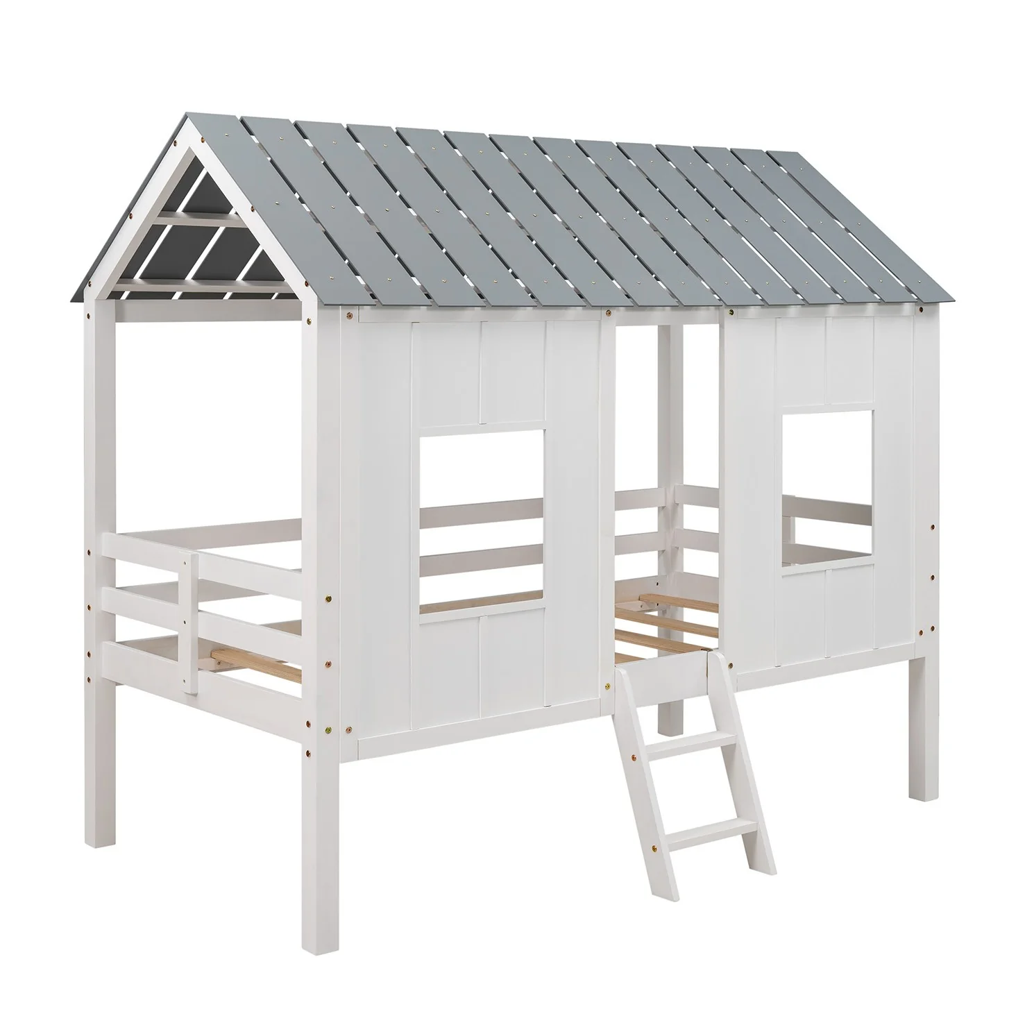 Playhouse With Windows And Roof White Twin Size Low Loft Bed By Homeroots - Image 5