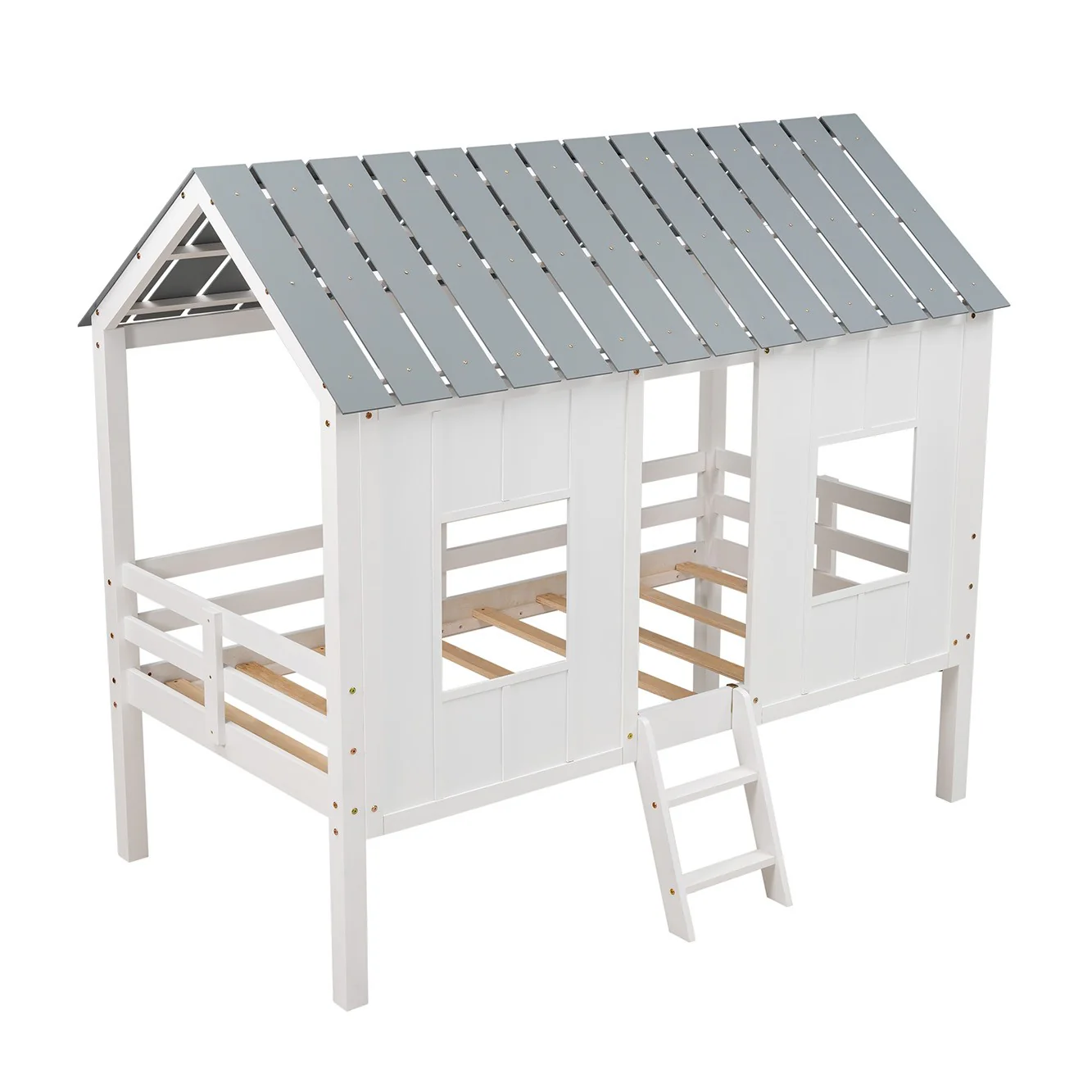 Playhouse With Windows And Roof White Twin Size Low Loft Bed By Homeroots - Image 6