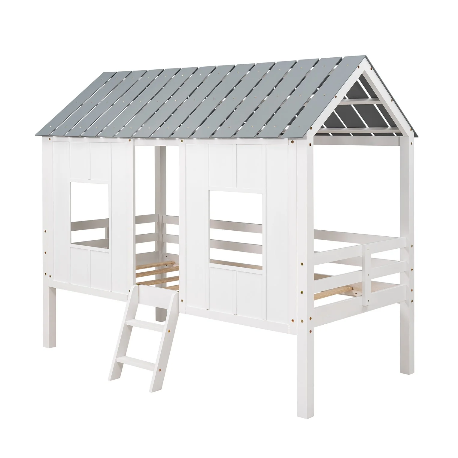 Playhouse With Windows And Roof White Twin Size Low Loft Bed By Homeroots - Image 8